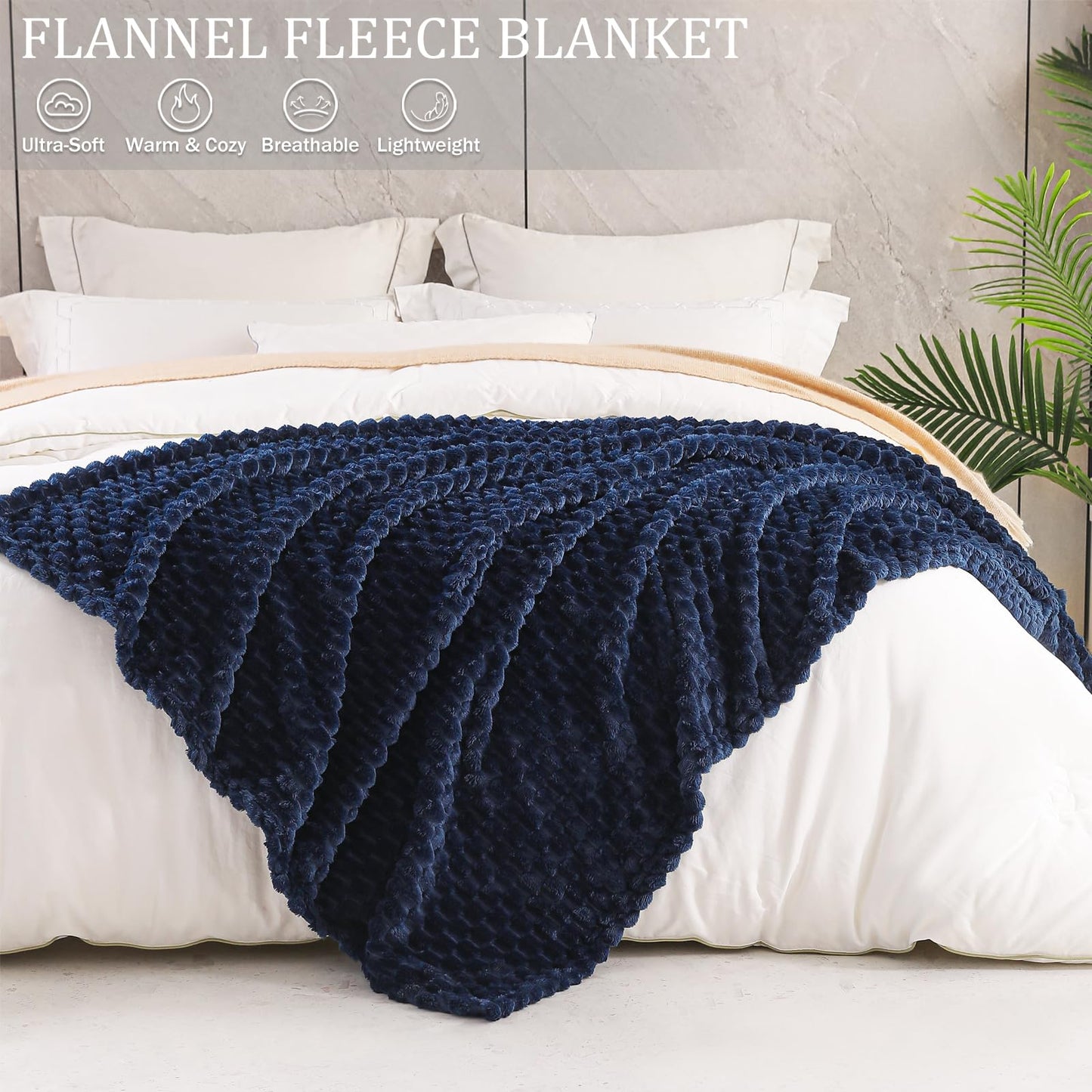 Exclusivo Mezcla Fleece Throw Blanket for Couch, Extra Large Fuzzy Navy Blue Bed Blankets, Soft Cozy Plush Sofa Throws for All Seasons, 50x70 Inches