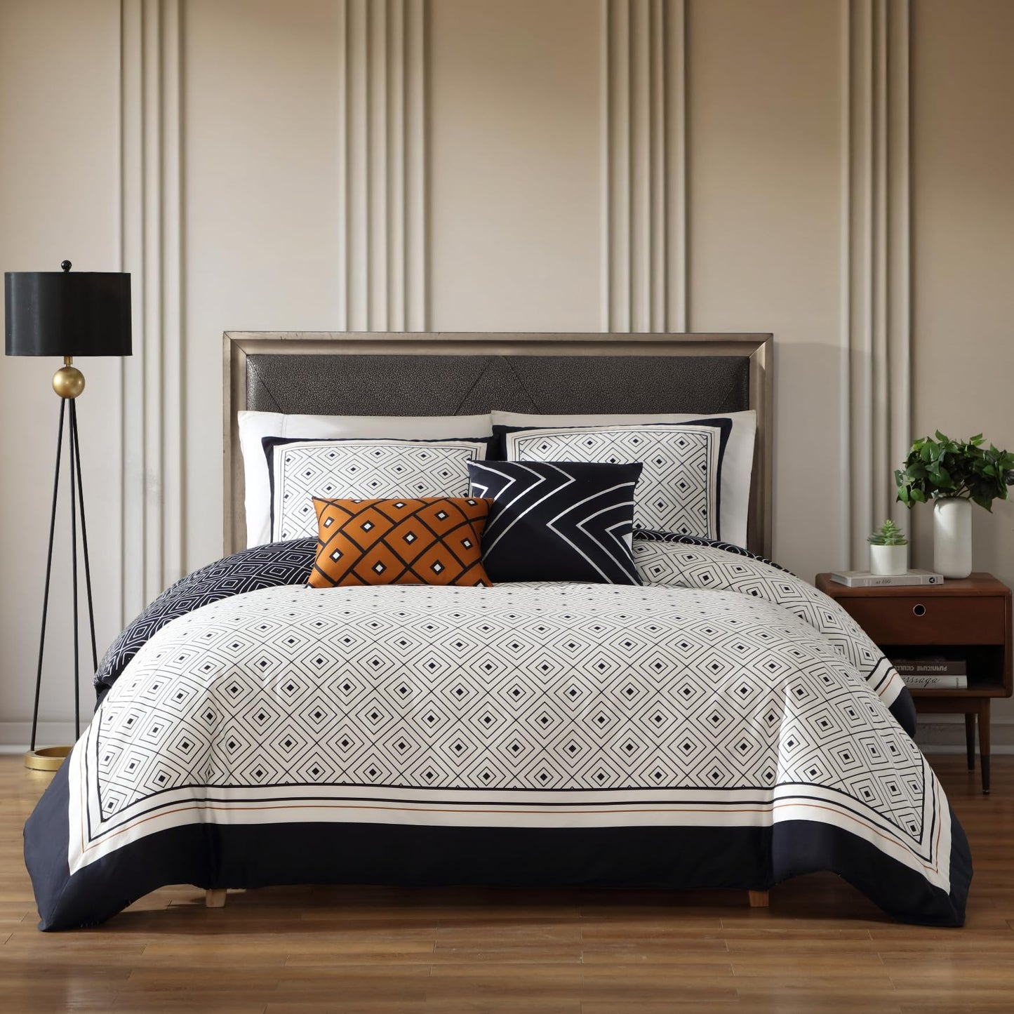 Bebejan Luxury King Size Comforter Set Black & White Geometric - 5 Piece Reversible Bedding Set, 100% Cotton Sateen, Soft & Smooth - All Season King Comforter Set (1 Comforter, 2 Shams & 2 Pillows)