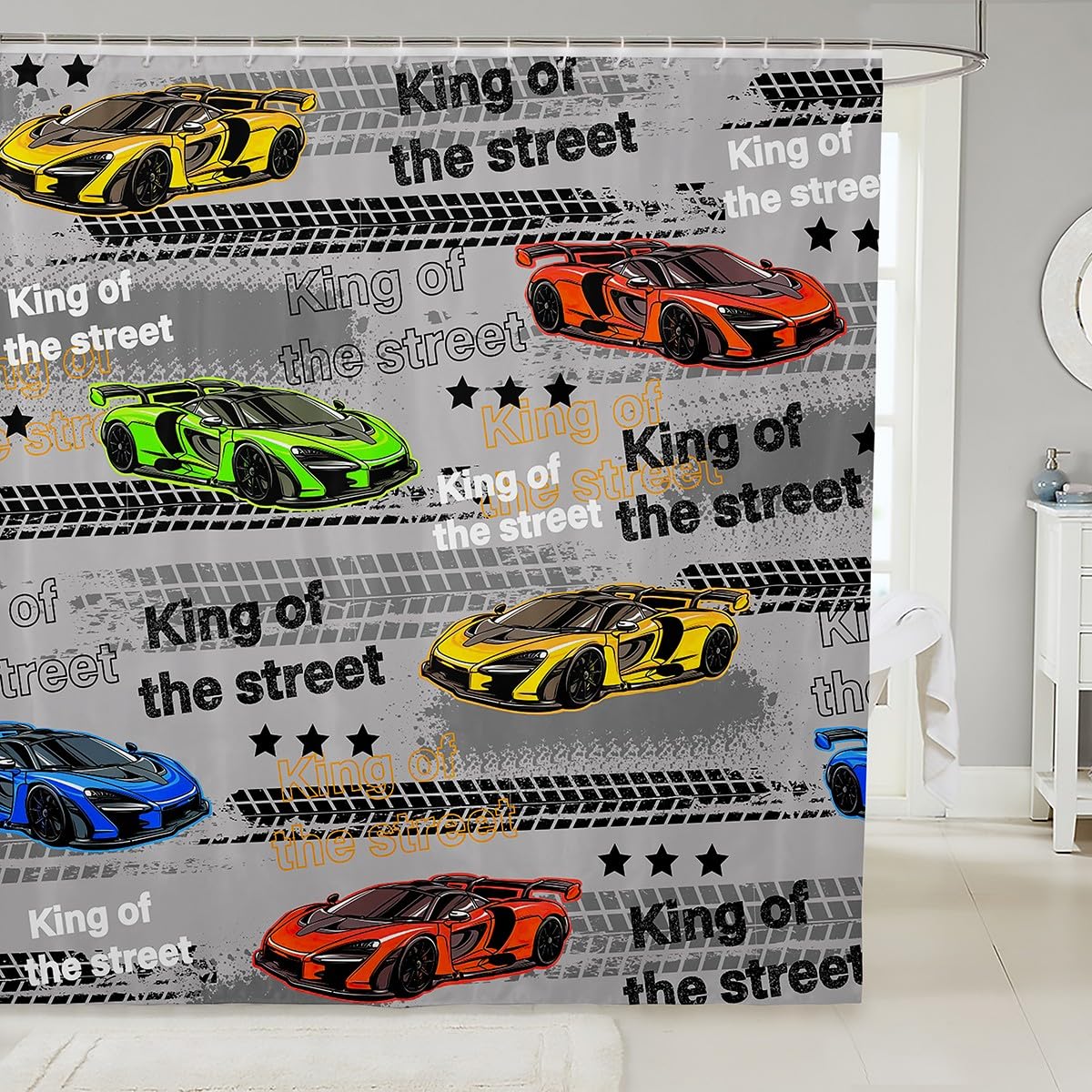 Feelyou Race Car Shower Curtain 72"x72" Speed Sports Car Bath Curtain for Boys Girls Teens Racing Bath CurtainWaterproof Fabric Extreme Sports Kids Bathroom Accessories Wheel Print