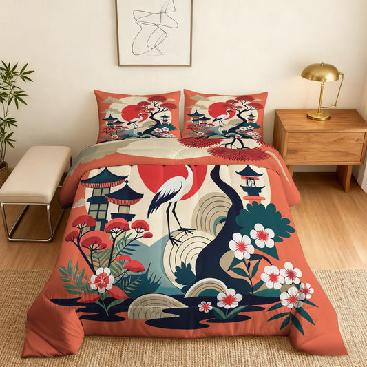 ZDABAOEC Japanese Twin Comforter Set 2 Piece, 1 Pillow Sham, Oriental Asian Chinese Style Reversible Down Alternative All Season Bedding, Soft Microfiber, Japanese Bedroom Decor