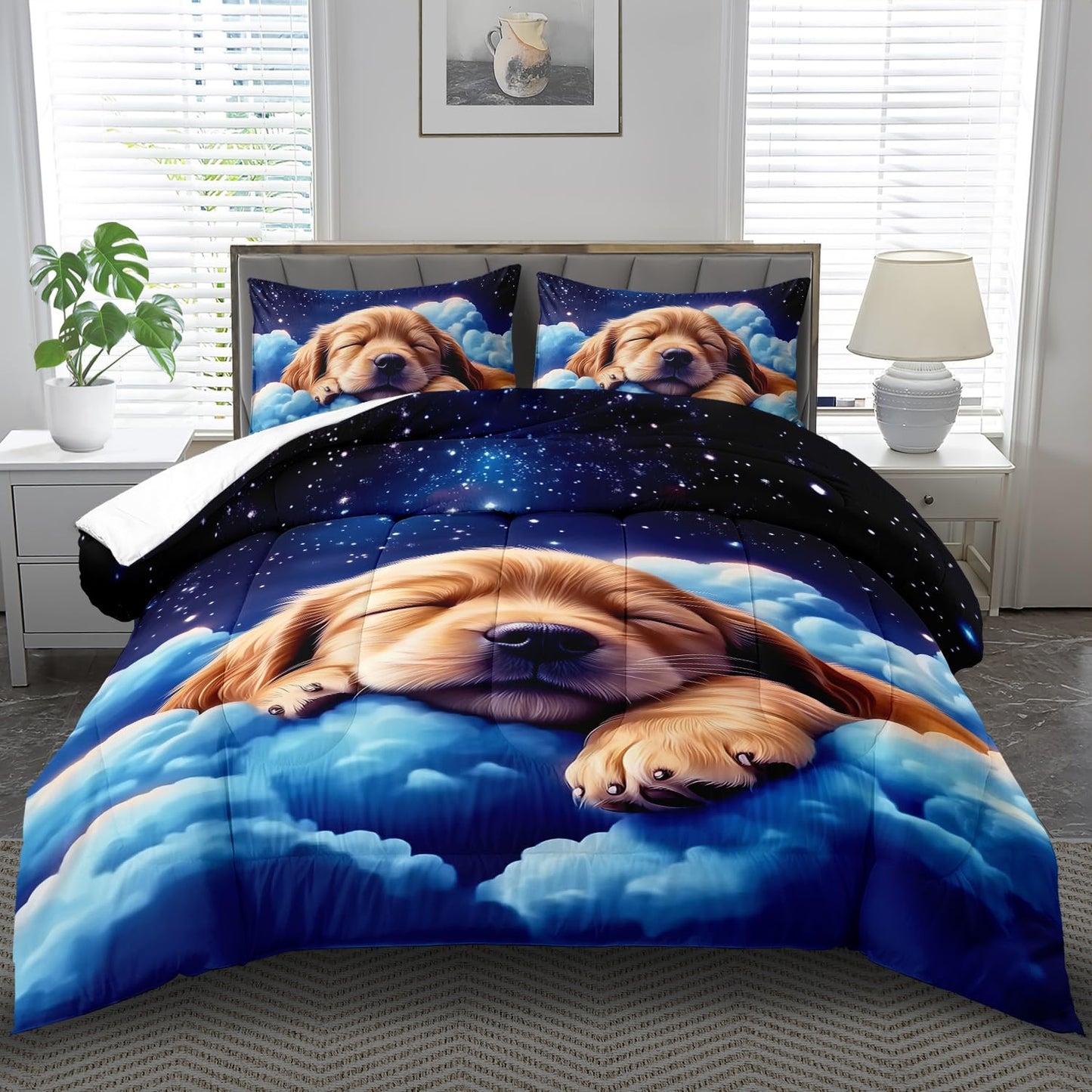 llyxsesty Blue Cute Dog Comforter Set Queen for Kids Blue Animal Bedding Set Boys Kawaii Dog Kids Comforter Queen Quilt Animal Bedroom Decor Starry Sky Bedding Bedroom Decor
