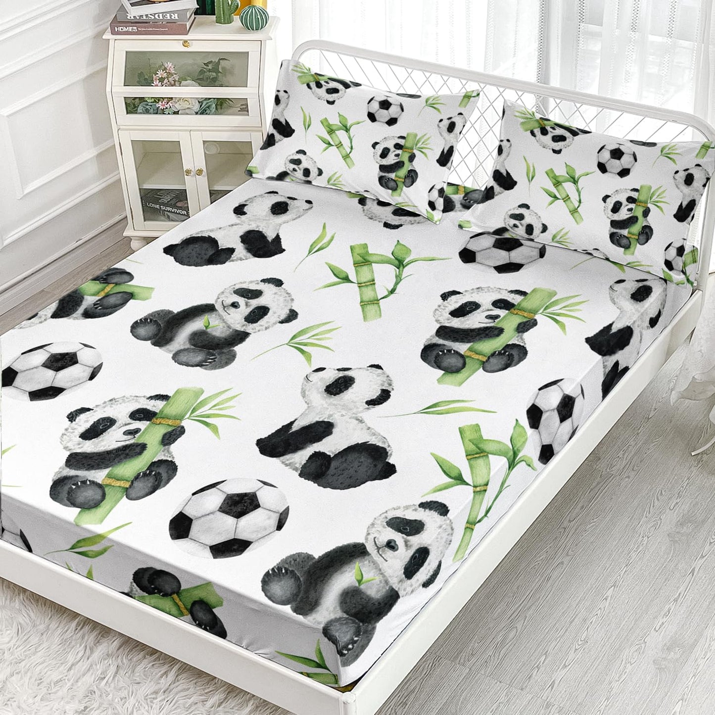 AILONEN Kawaii Fitted Sheet Set, Kids Lovely Panda Bedding Set Twin Size for Boys Girls, Black and White Soccer Print Bamboo Bed Sheet Set 3-Piece, 1 Fitted Sheet + 2 Pillowcases