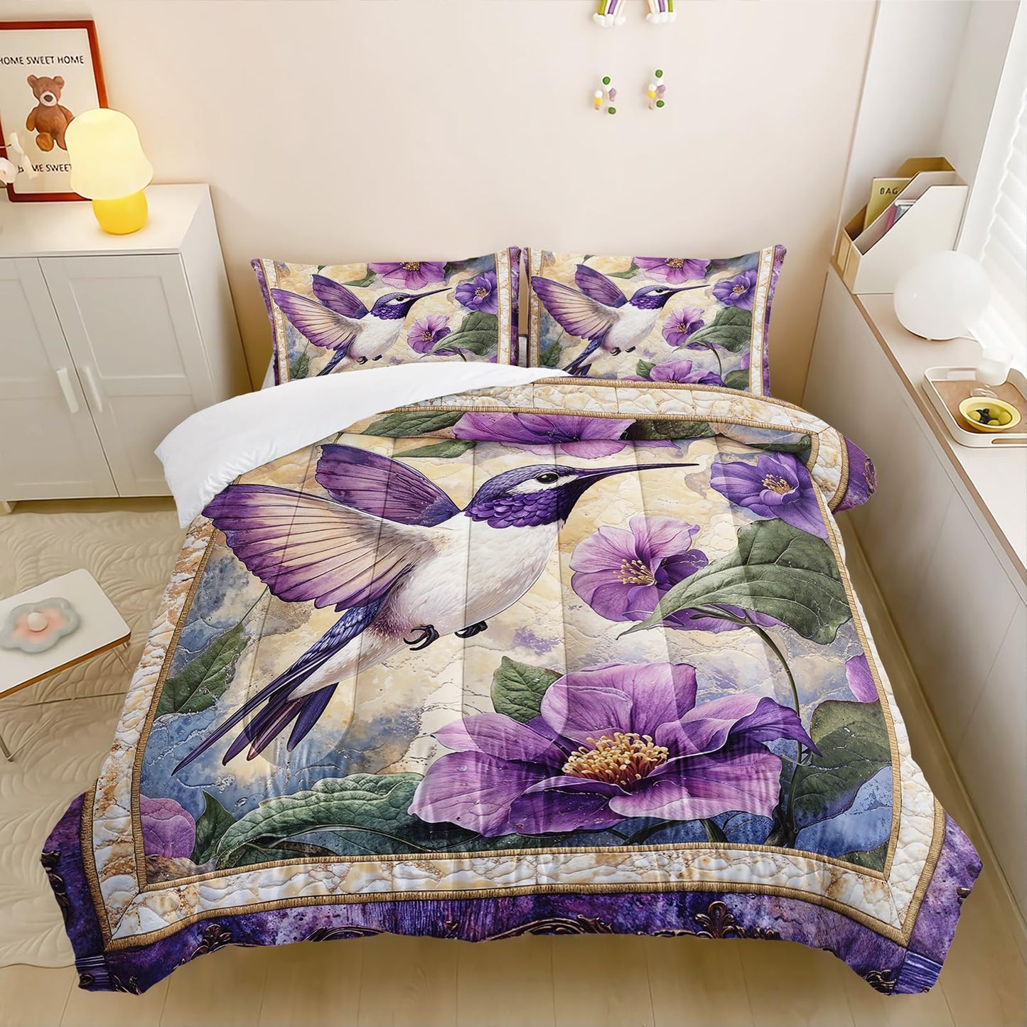 AILONEN Purple Flower Hummingbird Comforter Set Queen Size,Boho Exotic Hummingbird Bedding Set for Girls Women,Beautiful Bird Print Comforter with 2 Pillowcases,3 Pieces