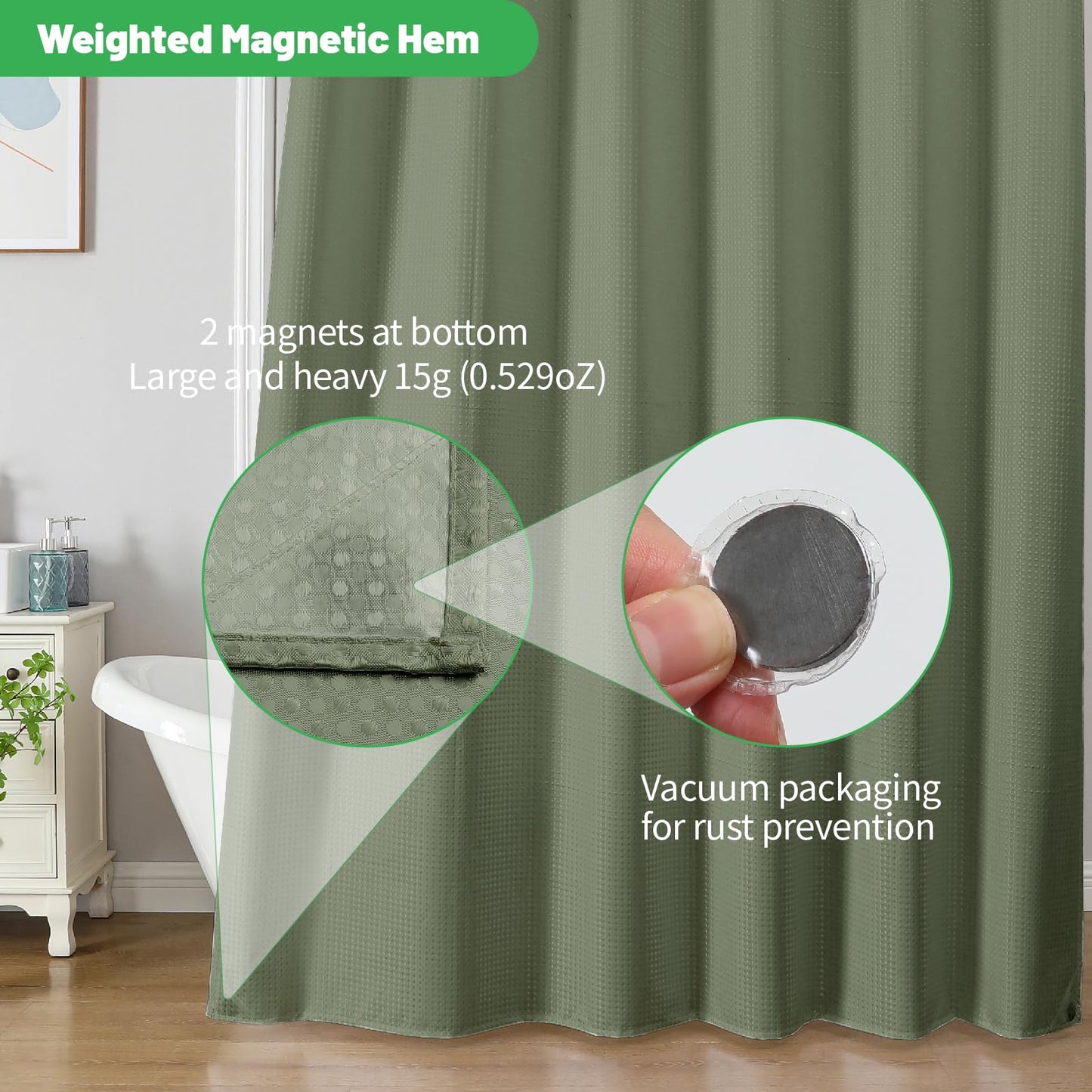 No Hook/Liner Waffle Shower Curtain, Waterproof, 71x74 Inch Sage Green