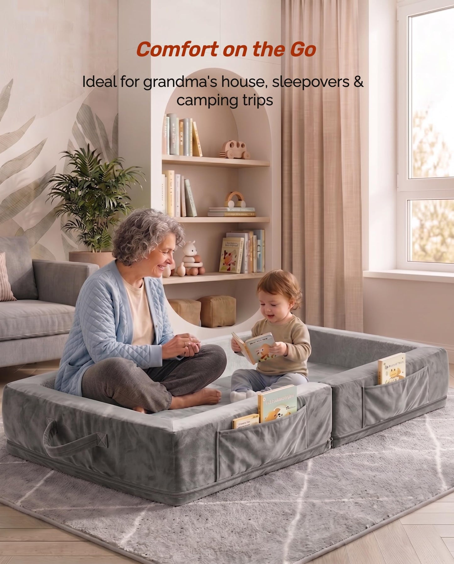 Beantown Toddler Portable Travel Bed - Foldable & Washable Floor Bed, Comfortable Mattress Used for for Camping, Hotels & Overnight Stays, No Assembly (Grey)