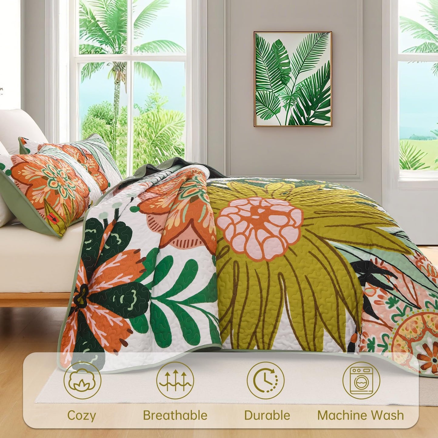 DJY Boho Floral Quilt Set Queen Size 3 Piece Green Bedspread, Botanical Farmhouse Quilt Bedding Set Reversible Soft Microfiber Bohemian Coverlet for All Season, 90''x96''