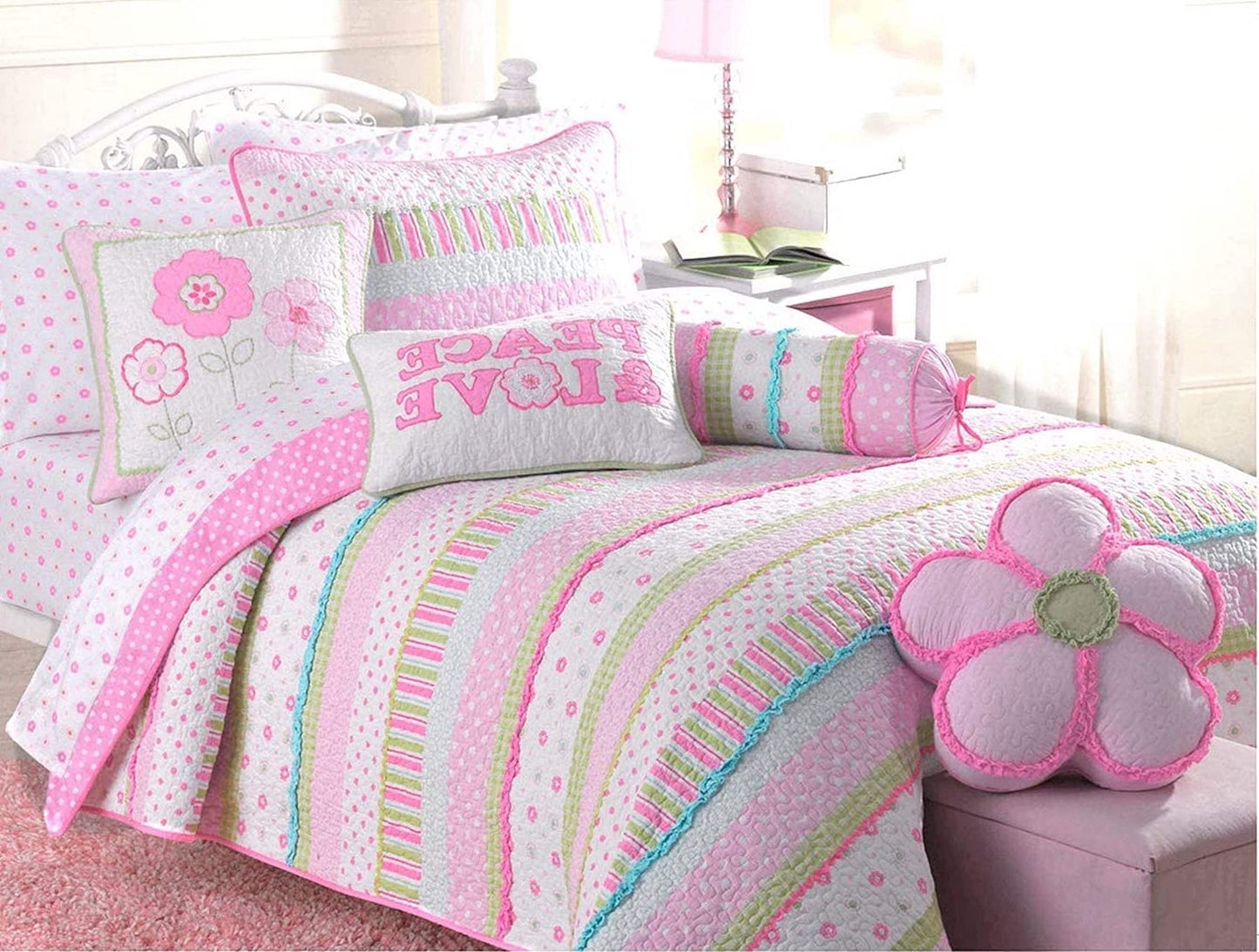 Cozy Line Home Fashions Soft Bright Greta Pastel Design Girl 100% Cotton Reversible Quilt Bedding Set, Coverlet, Bedspread (Queen - 3 Piece)