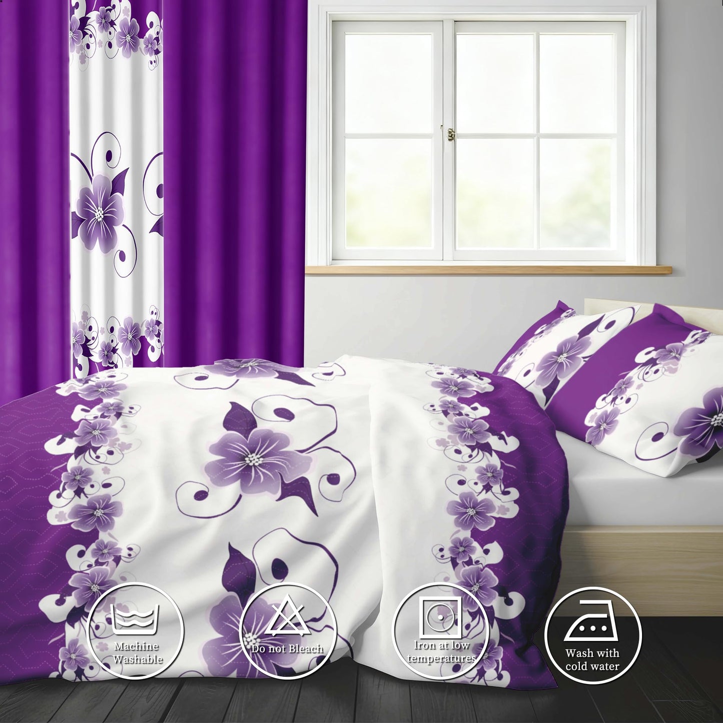 Deepsleep King Bedspread Set 9 Pieces, All Season Luxury Bed in a Bag for Bedroom, with 2 Pillowcases and 6 Curtains, Ultra-Soft Microfiber for Complete Bedroom Decor, Purple Gardenia Flower