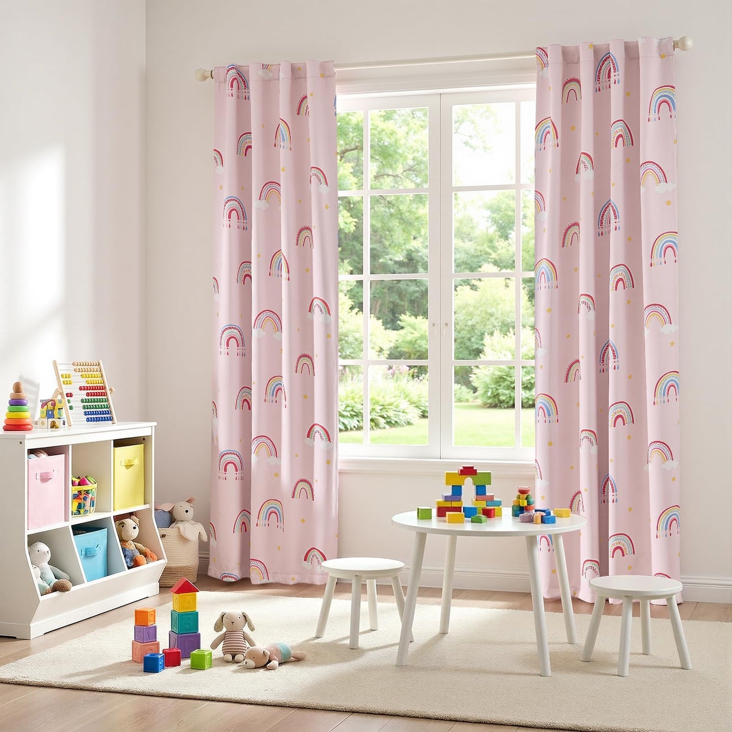 Vangao Blackout Curtains for Kids Bedroom Rainbow Pink Nursery Curtains 84 Inch Length Drapes for Teen Girls Thermal Insulated Room Darkening Boho Light Blocking for Living Room Set of 2