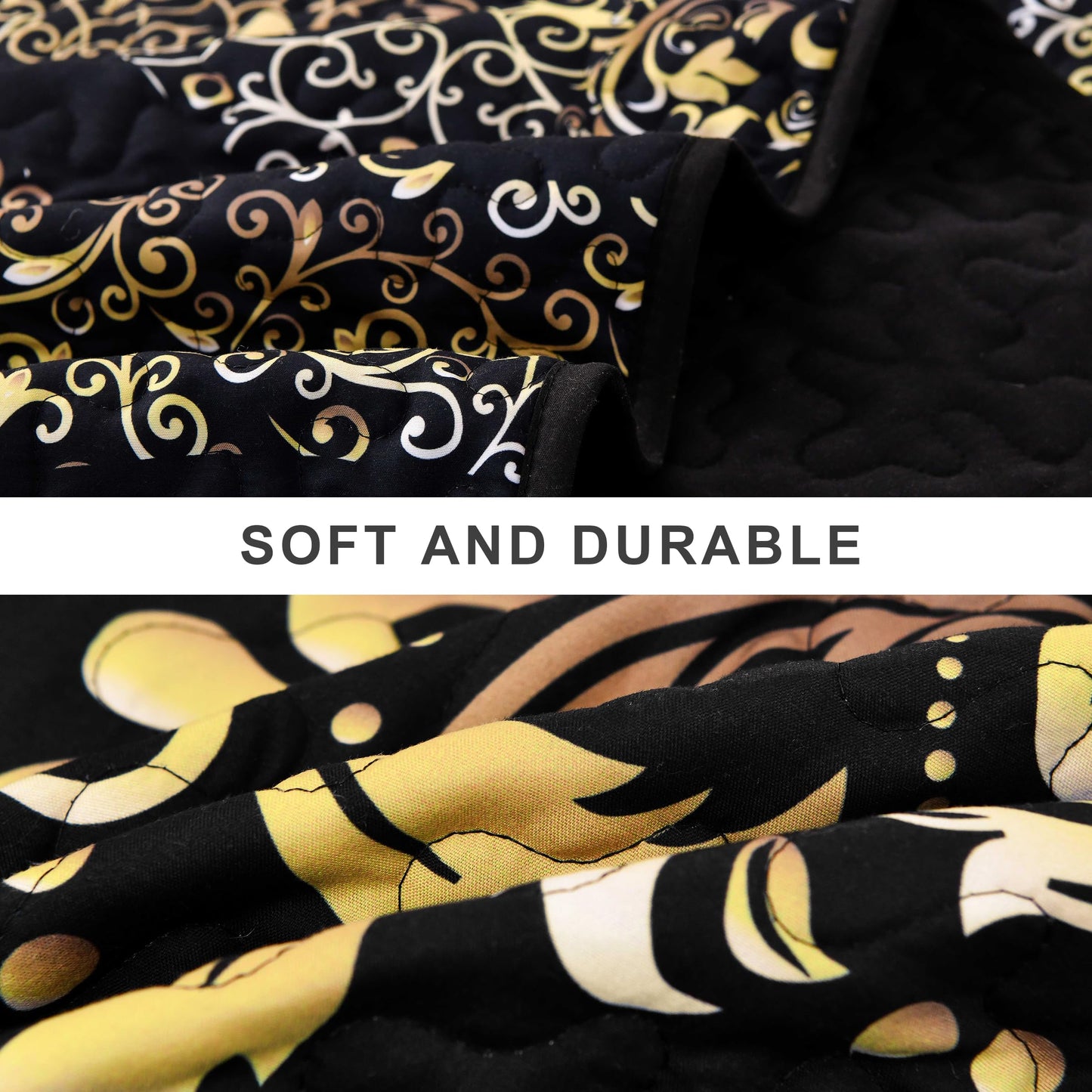 DJY Black Quilt Set Queen Size, Boho Gold Damask Bedspread Coverlet Set Soft Lightweight Microfiber Luxury Bedding Set 3 Pieces for All Season (96"x90")