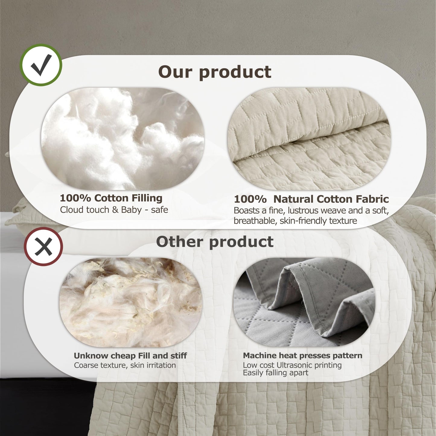 palassio Beige 100% Cotton Quilt King Size Bedding Sets with 2 Pillow Shams, Textured Lightweight Soft Bedspread Shabby Chic Coverlet, Neutral Quilted Comforter Bed Cover for All Season, 3 Pieces
