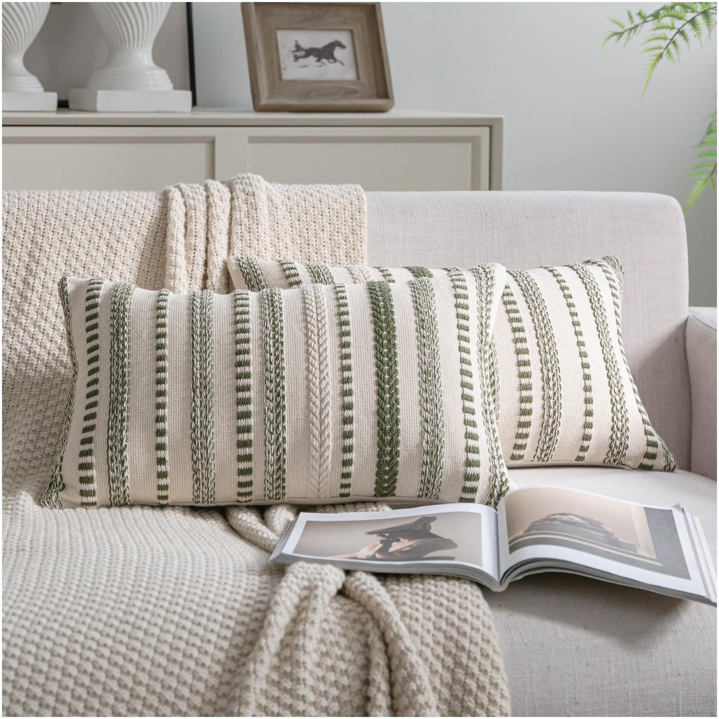 Cethom Green Boho Throw Pillow Covers 12x20 Inch Set of 2, Stripe Textured Decorative Couch Pillow Cases for Bed, Sofa, Living Room, Bedroom, Farmhouse Home Accent Cushion Covers