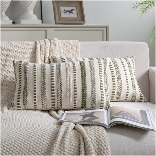 Cethom Green Boho Throw Pillow Covers 12x20 Inch Set of 2, Stripe Textured Decorative Couch Pillow Cases for Bed, Sofa, Living Room, Bedroom, Farmhouse Home Accent Cushion Covers