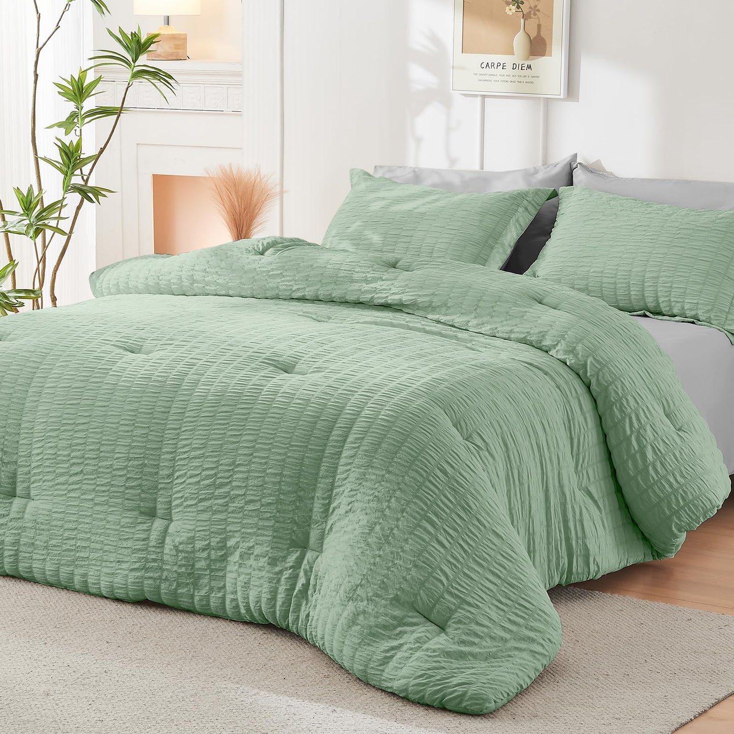 HYMOKEGE Sage Green/Light Grey Twin Comforter Set Seersucker 5 Pieces, All Season Luxury Bed in a Bag for Bedroom, Bedding Set with Comforter, Sheets, Pillowcase & Sham