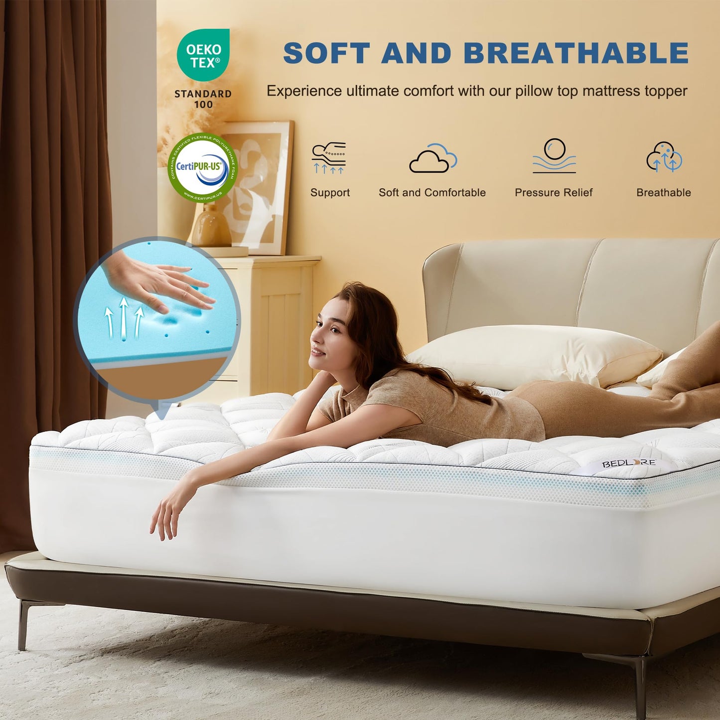 Bedlore 4-Inch King Mattress Topper for Back Pain - Dual Layer Medium Support (2" Gel Memory Foam + 2" Cooling Fluffy Pillow Top Pad), Breathable & Pressure Relief (White)