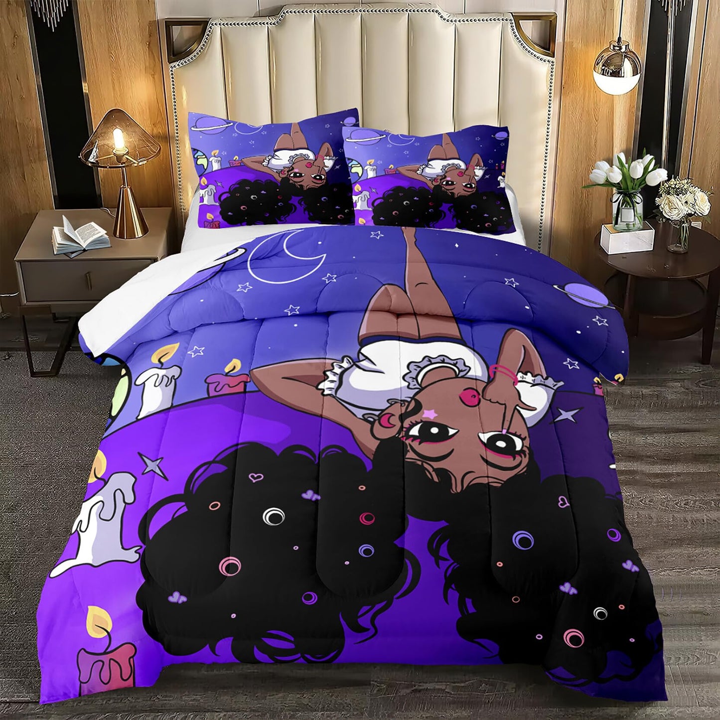 kodhyvj Black Girl Bedding Full Size Girls Comforter Set for African American - Purple Princess Bed Set with 1 Comforter + 2 Pillowcases