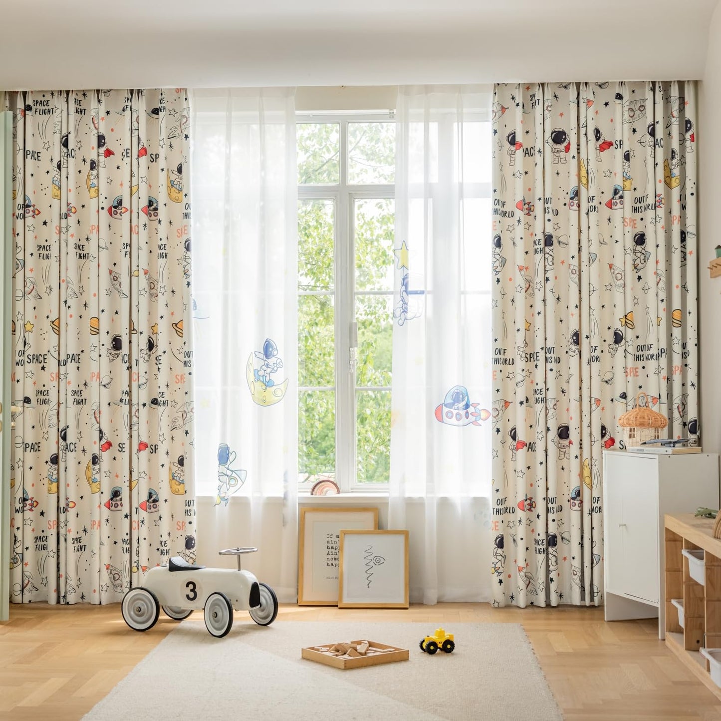 KMSG Cartoon Astronaut Theme Semi Blackout Curtains for Bedroom Living Room