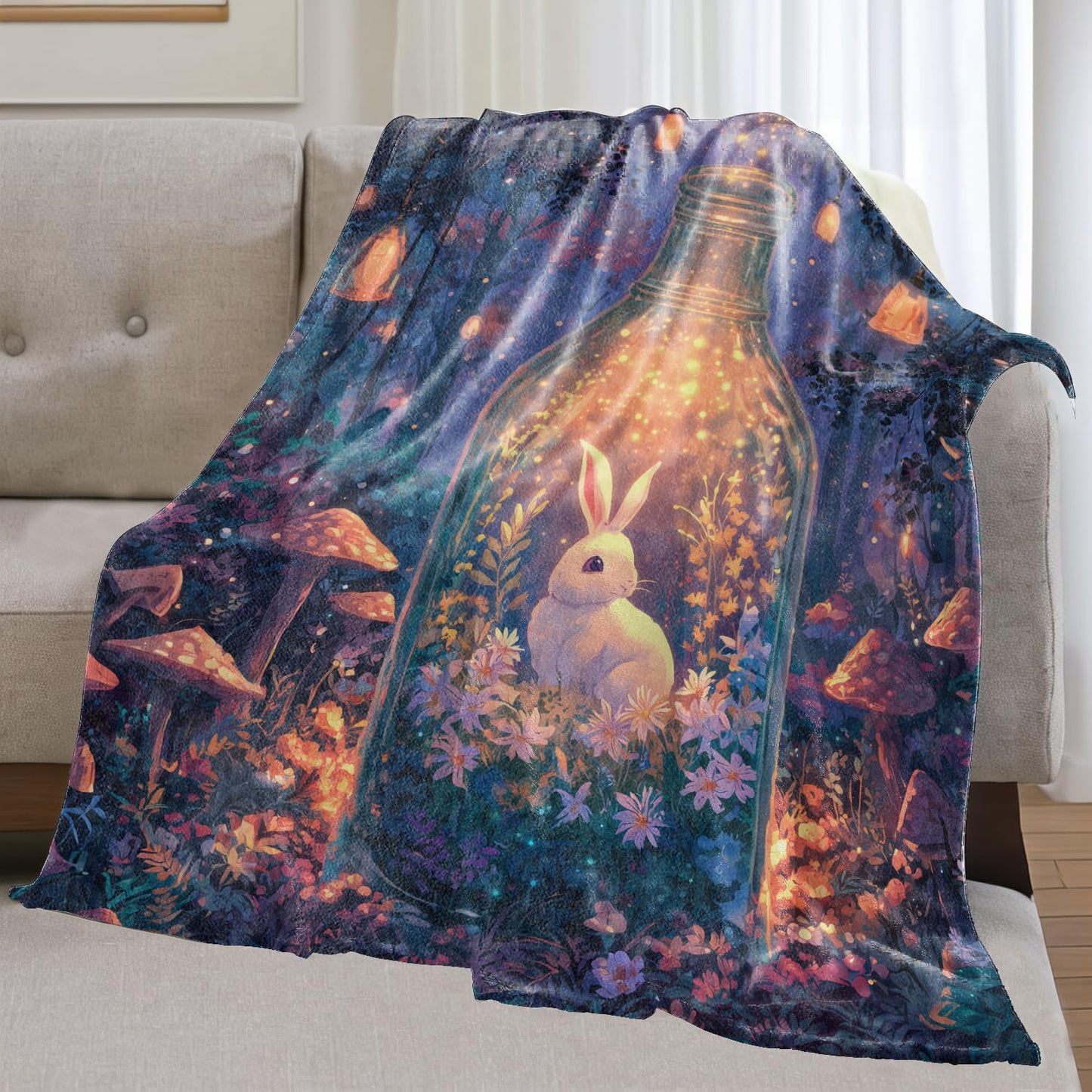 olpddz Magical Bunny Flannel Blanket Gifts for Animal Lover,60x50inch,Fantasy Forest Throw Blankets with Rabbit in Bottle and Mushroom,for Bedroom,Sofa,Living Room,Camping Home Decor Throws