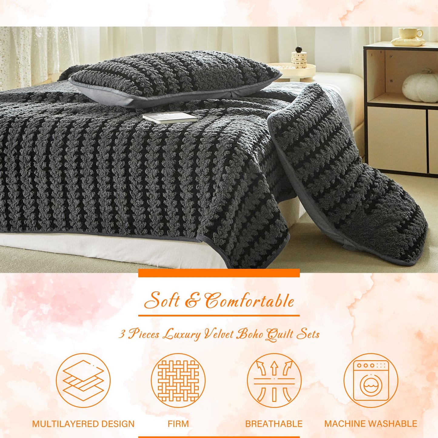 Tititada 2 Pieces Luxury Velvet Boho Quilt Sets Twin Size, Lightweight Decorative Bohemian Bedspread Set for All Season, Soft Coverlet with 1 Sham, Dark Grey