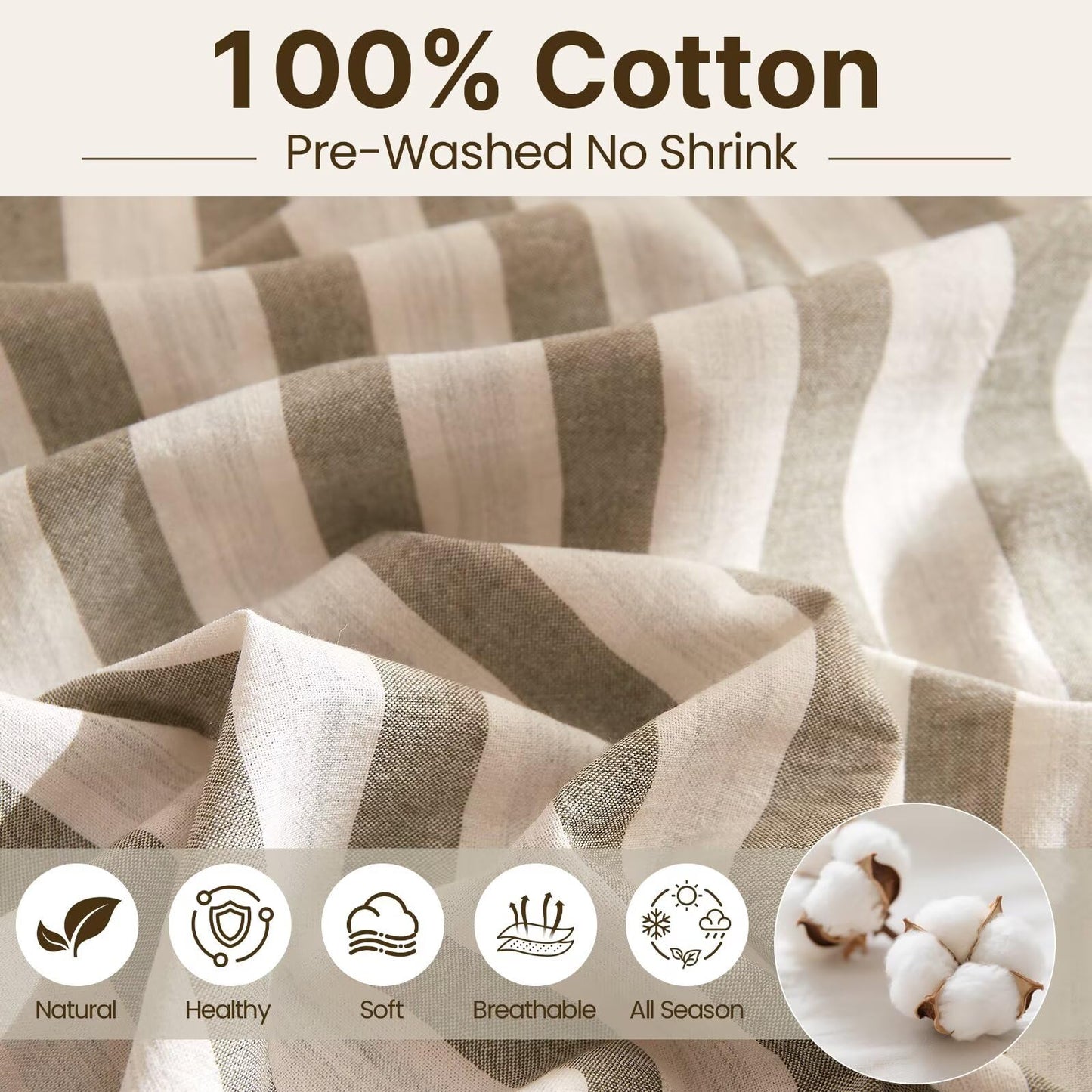 AMZTOP Soft Cotton King Size Duvet Cover Set 3 Pcs,1 Duvet Cover and 2 Pillowcases,100% Washed Cotton Grey Striped Design Bed Set,Zipper Closure Comforter Covers King Size 104"×90"