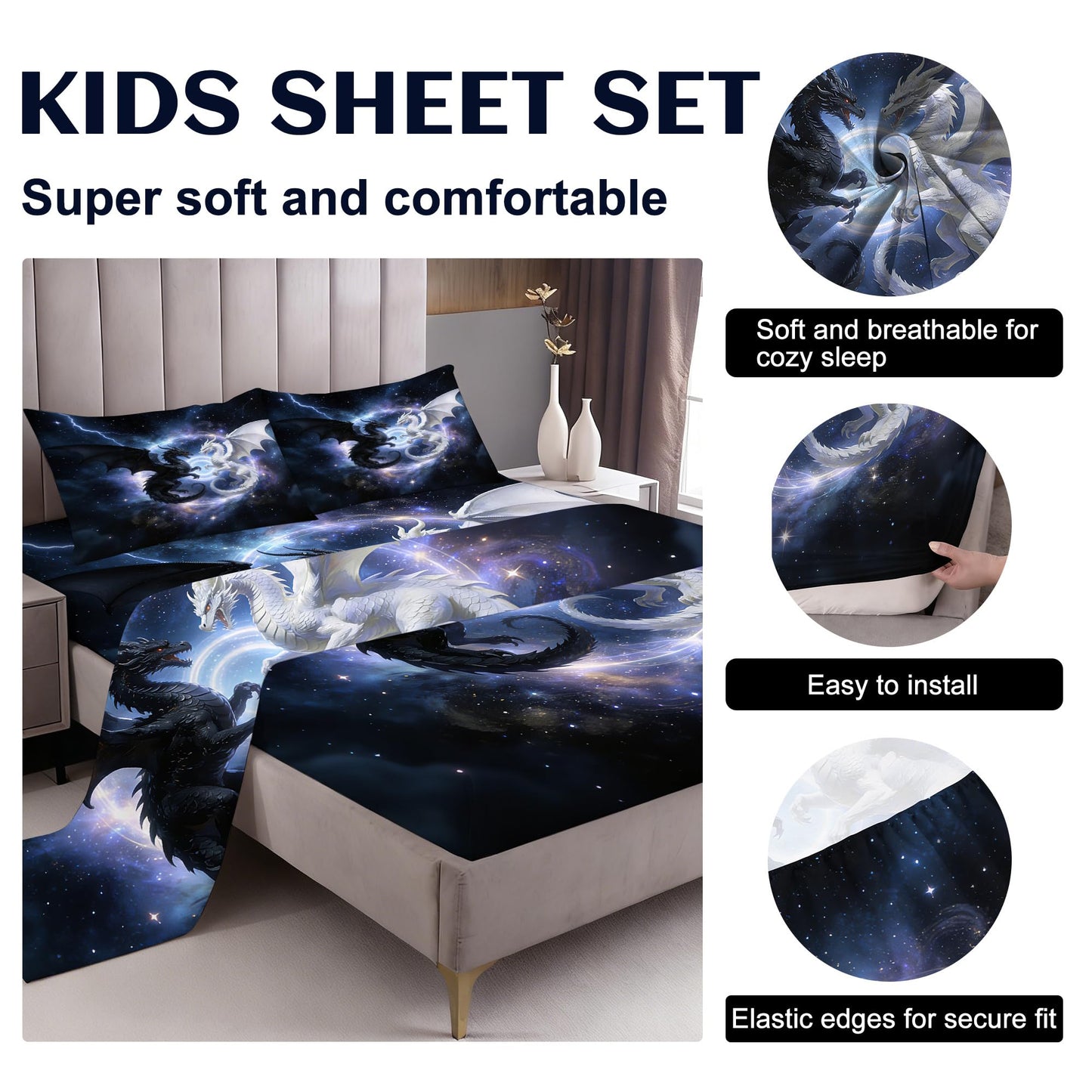 VTKON Black and White Dragon Fitted Sheet Twin Size, Galaxy Dragon Bed Sheet 3Pcs for Boys Kids, Starry Animal Pattern Fitted Sheet Soft Microfiber for Bedroom Decor