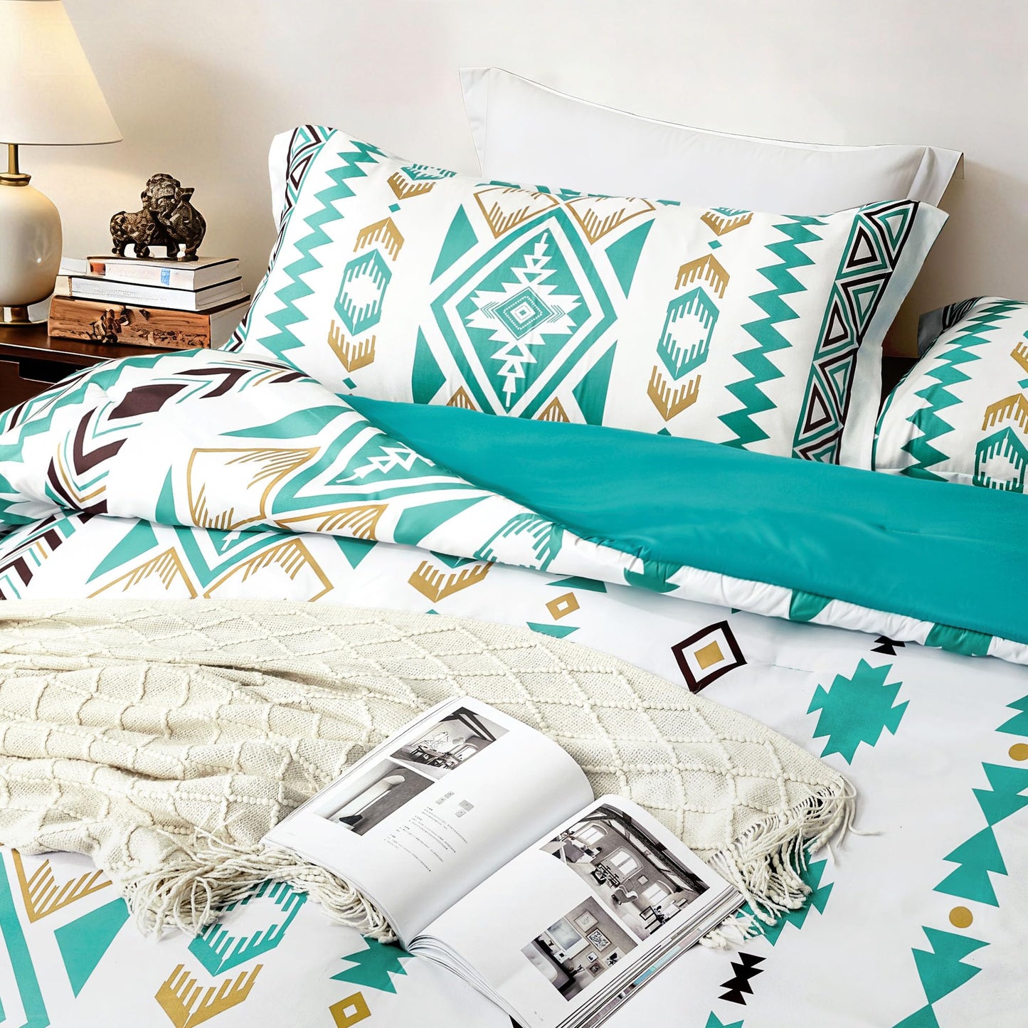 Tyrot King Comforter Set – 3 Piece Turquoise Boho Aztec Bedding, Western Southwestern Style Comforter Sets, Soft Lightweight Comforter for All Seasons, 1 Comforter & 2 Pillow Shams