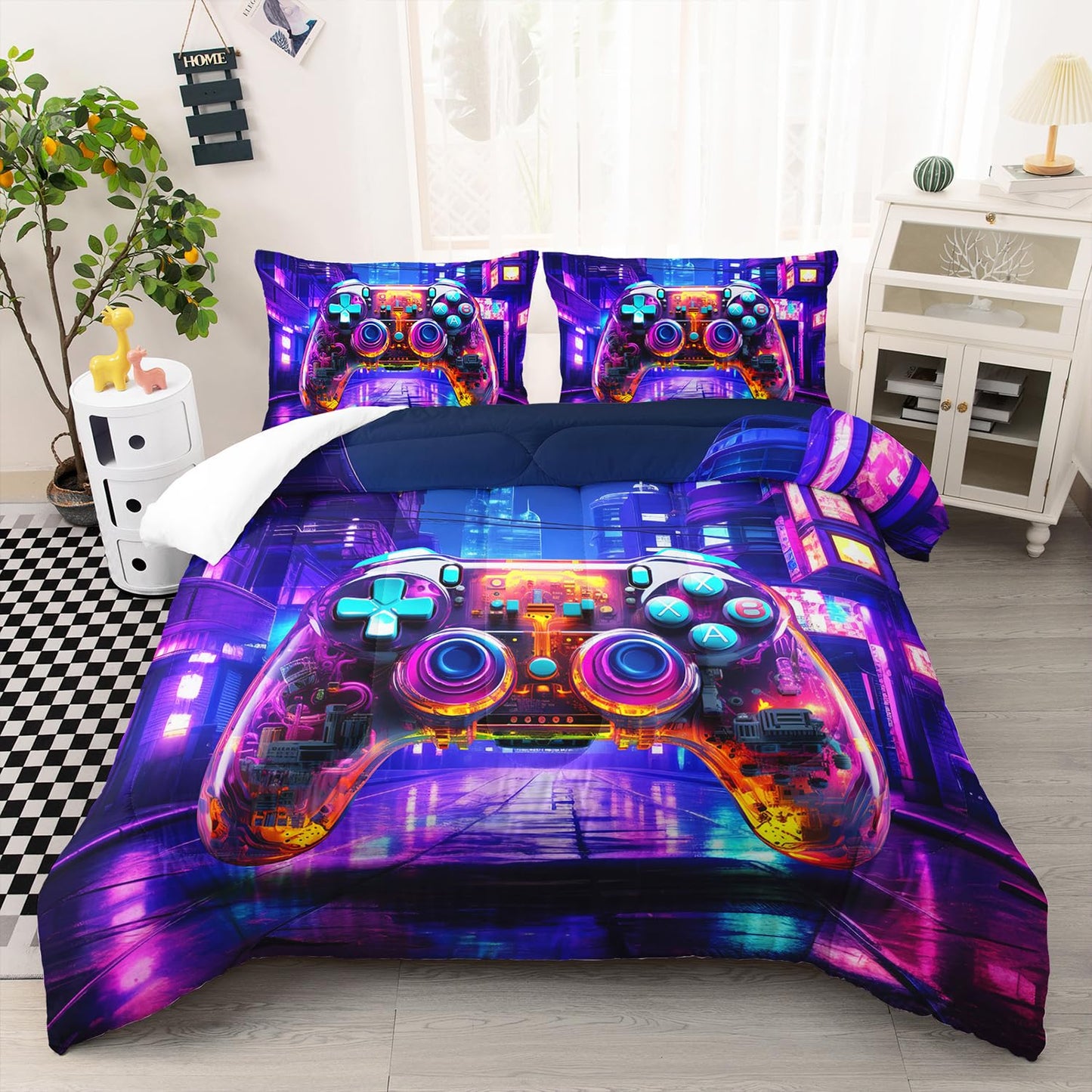 Nttopship Gamer Neon Comforter Set Queen Size, Violet Gaming 3 Bedding Set for Boys Girls Teens, Games Gamepad Lightweight Down Alternative with 2 Pillowcases for Bedroom Decorative