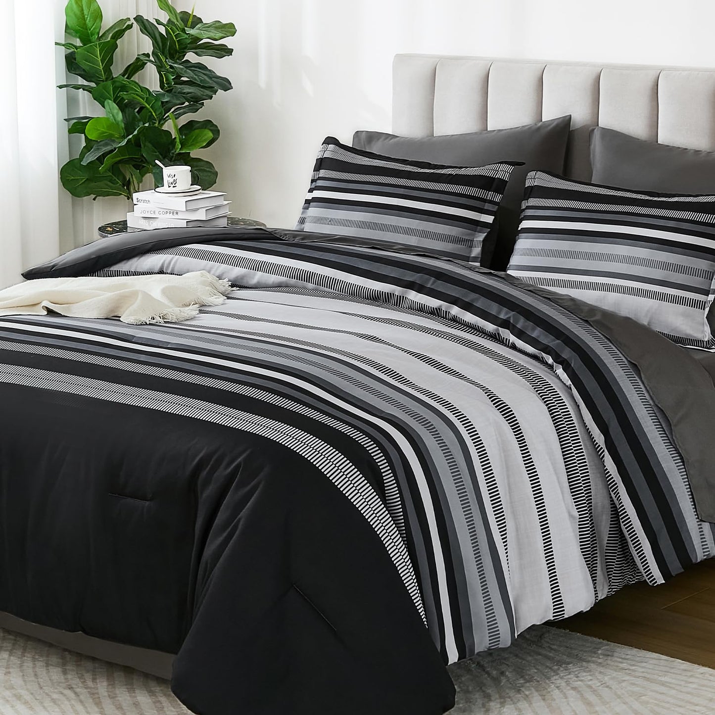 Dobuyly Black Comforters Queen Size Set 7 Pieces, Boho Striped Grey Bed in a Bag Queen Soft Microfiber Bedding Set with Comforter, Sheets, Pillowcases & Shams All Season