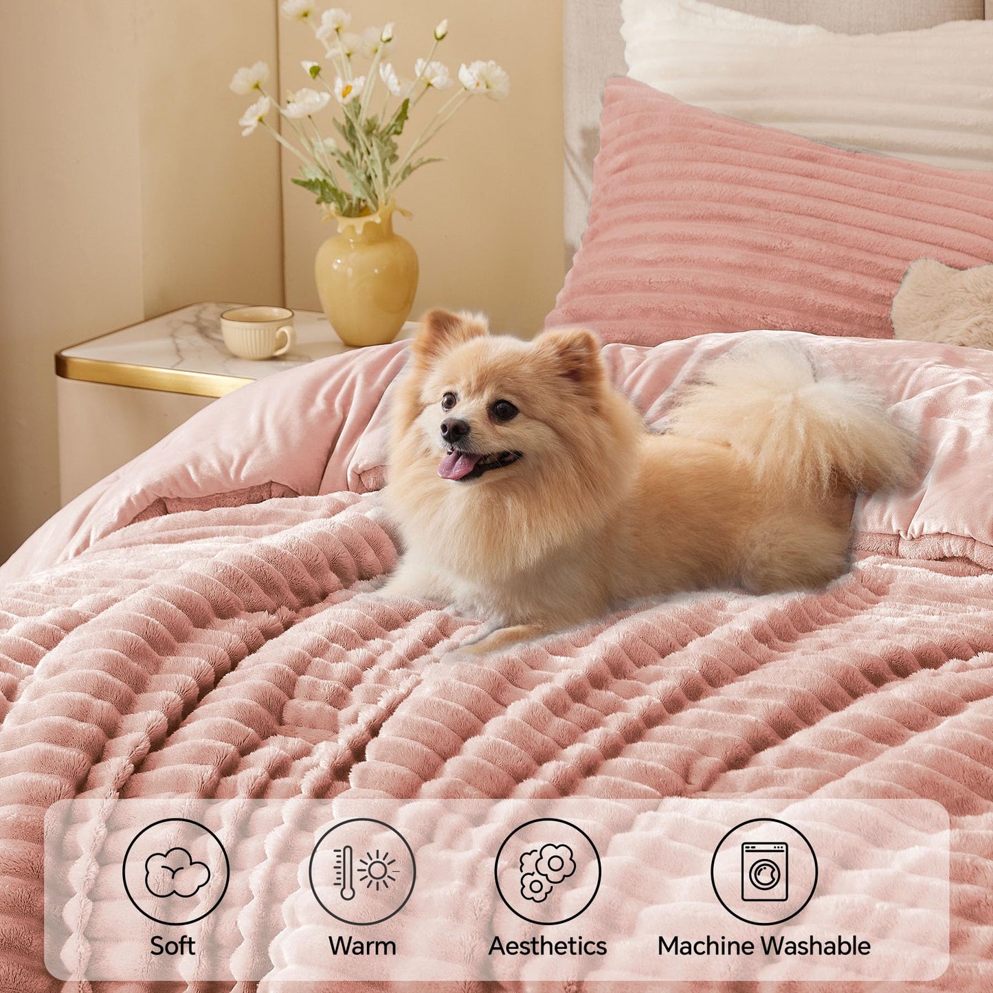 BEDELITE Fleece Queen Comforter Set -Super Soft & Warm Fluffy Dusty Pink Bedding, Luxury Fuzzy Heavy Bed Set for All Season with 2 Pillow Cases