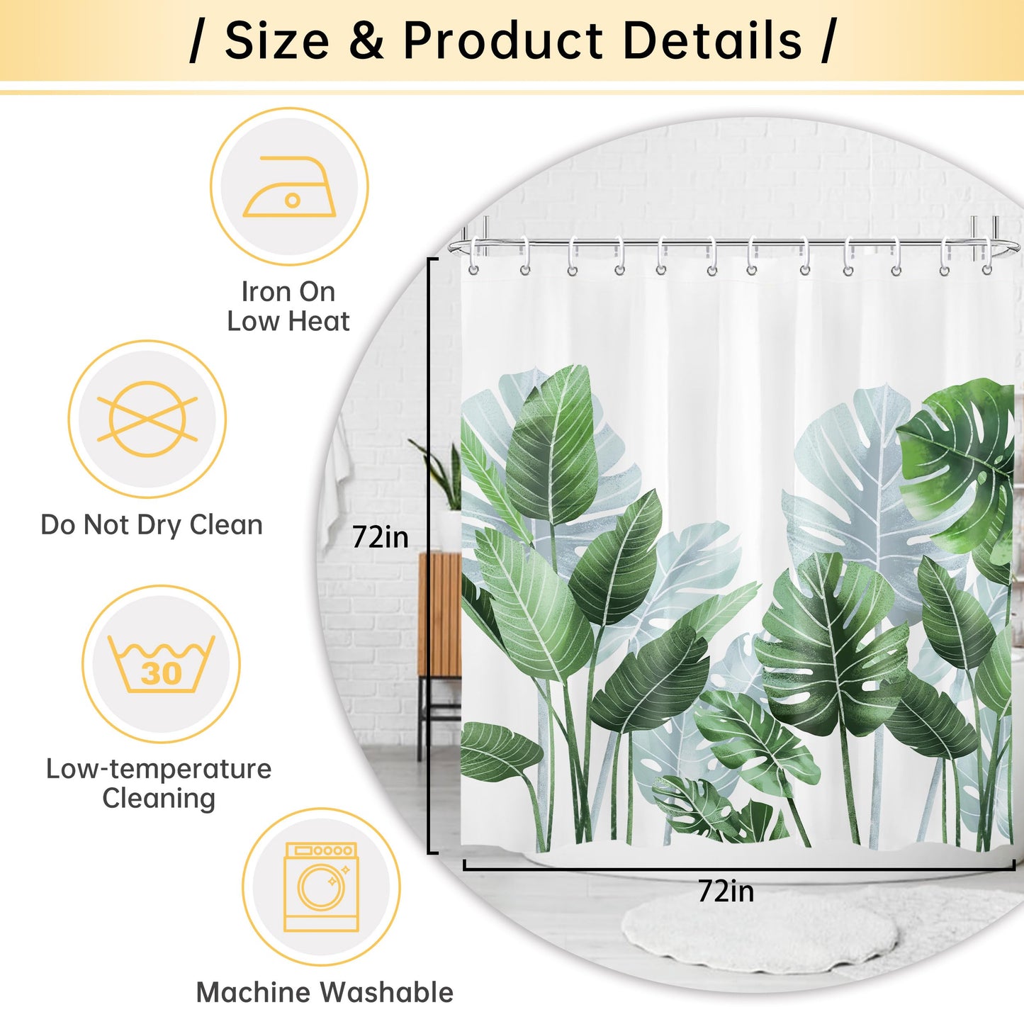Mayormyth Tropical Green Leaf Shower Curtain Hawaiian Monstera Shower Curtains for Bathroom Boho Plant Palm Leaf Shower Curtain Set Polyester Waterproof Cloth Fabric with Hooks 72x72 Inches