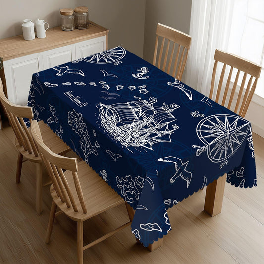 DRAVVIX Marine Nautical Rectangular Tablecloth Adventures Ships Table Cloth with Wavy Lace Decoration Polyester Table Cover for Dining, Parties 54x72 inch