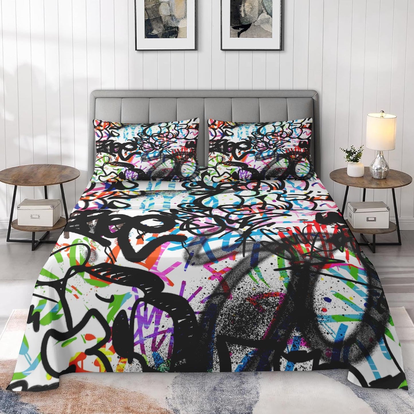Pamnest Full Size Bed Sheet Sets, Urban Skateboard Soft Microfiber 4 Pcs Bedding Sets for Kids and Adults Bedroom Bed Decor, Music Abstract Graffiti Flat, Fitted Sheet and 2 Pillowcases
