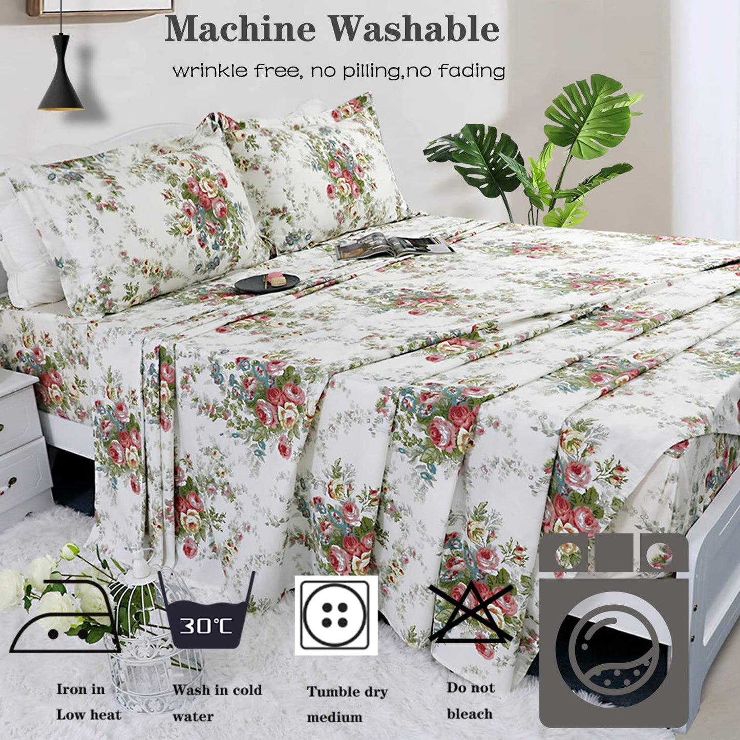 FADFAY Rose Sheets Floral Bed Sheets Queen 100% Cotton Off White Victorian Flower Printed Shabby Vintage Antique Bedding Soft Natural Cotton Deep Pocket Fitted Sheet 4Pcs, Queen