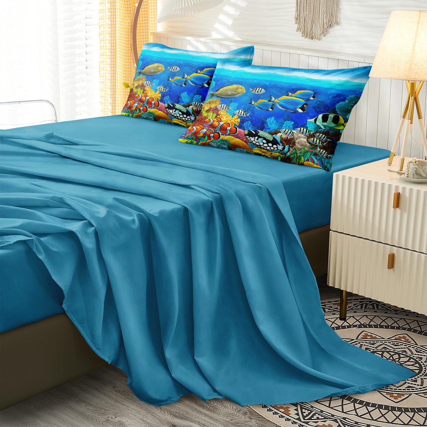 Bedding_Dreamer Ocean Queen Comforter 8 Pcs Sea Animal Tropical Fish Home Decor Sheet Set Blue Bed in a Bag with 1 Cushion Cover