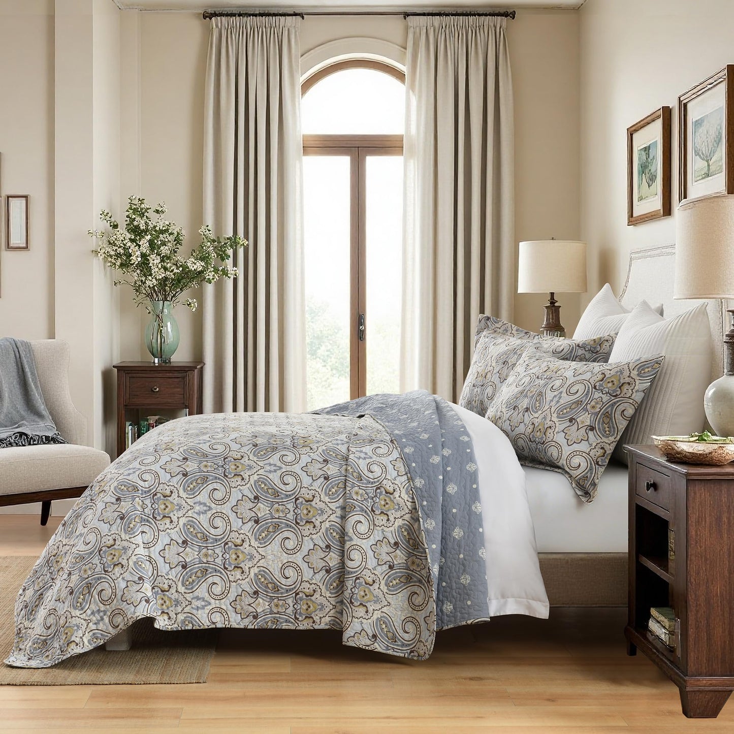 BCOTTOND Blue Paisley King Size Quilt Set - Reversible Paisley Brown Floral Quilts King Size, 100% Cotton Lightweight Bedspread Set, Luxury Quilt Bedding Set for King Bed, Light Blue, 106×98