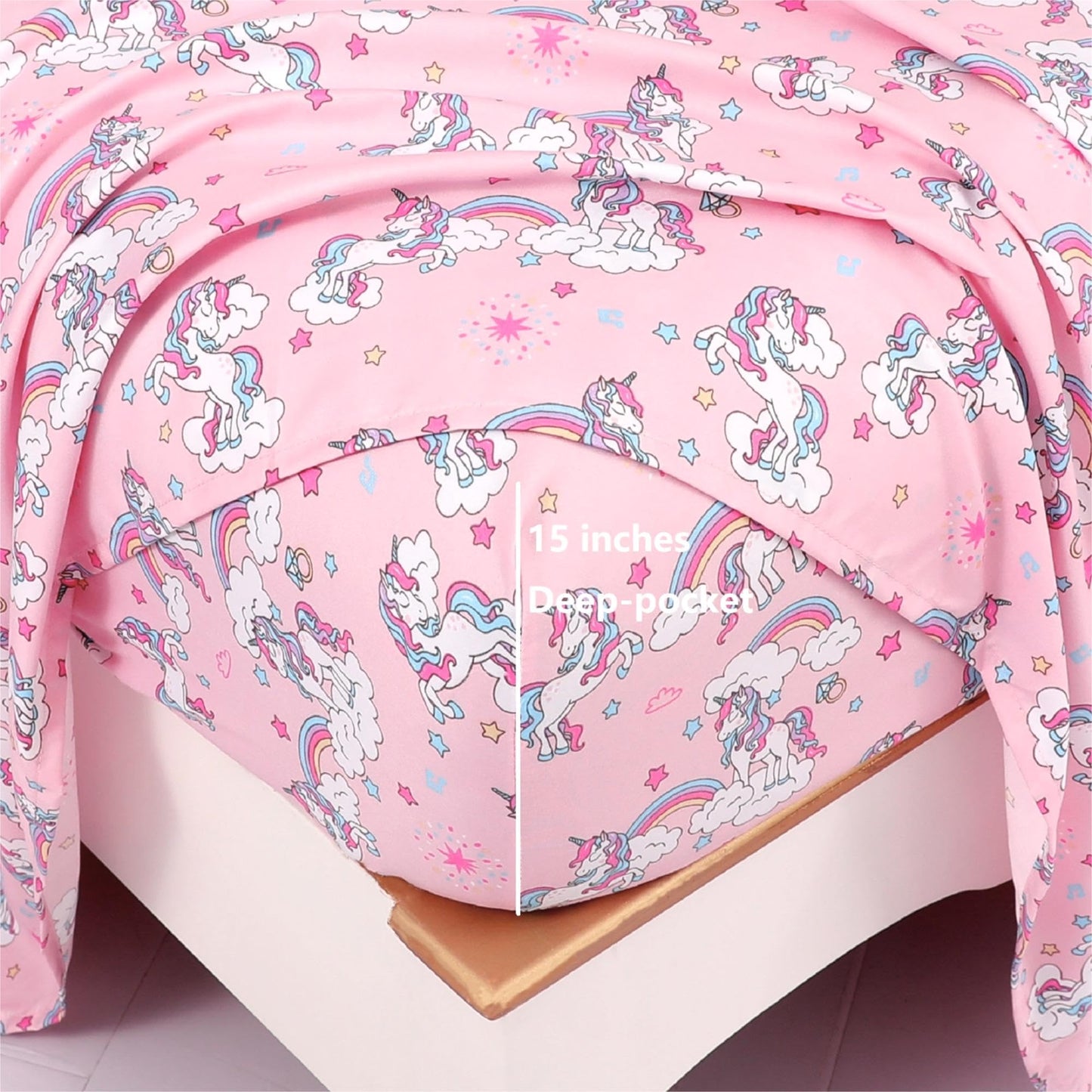 Softan Kids Bed Sheet Set, 3-Piece Twin Sheets Set, Microfiber Fitted Sheet with 15 Inches Deep Pocket and Corner Straps, Breathable & Silky Soft Pink Unicorn Pattern Sheet and Pillowcase Sets