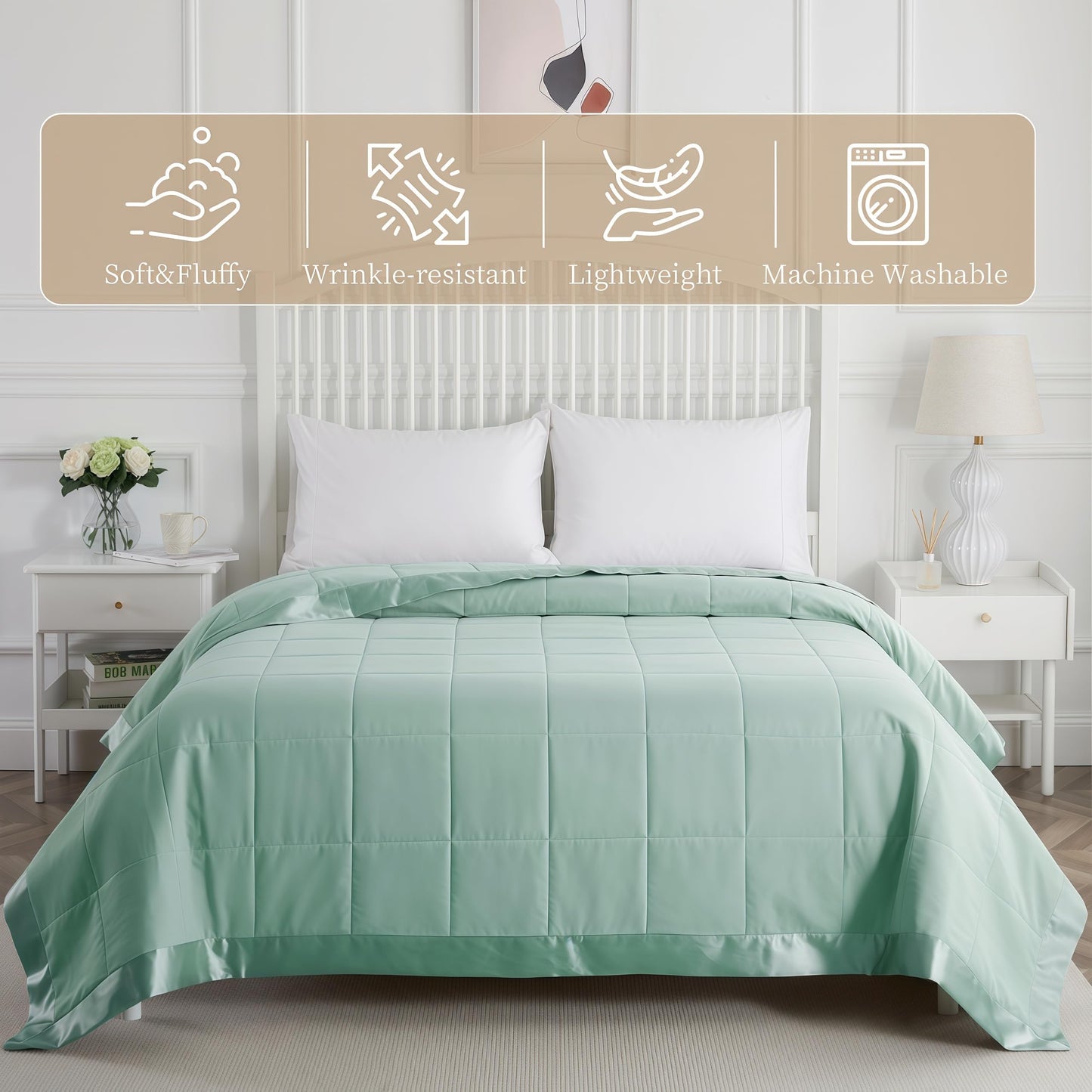 COMFLIVE Down Alternative King Blanket for Bed - Lightweight and Soft for All Seasons, Cozy Warm Luxury Bed Blanket with Satin Trim Moisture Absorption and Removal Treatment (Green, King/Cal King)