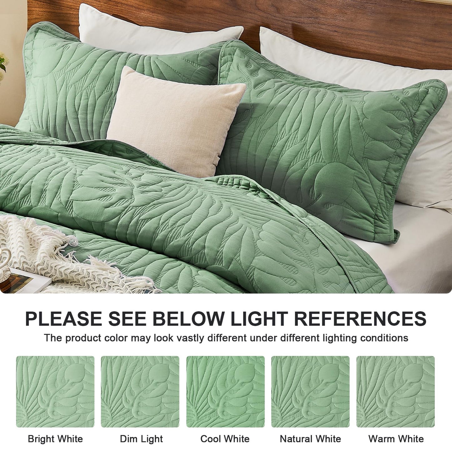 DaisyHuang Botanical Quilt Set King Size -Leaves Pattern Stitching Quilt Set - Elegant & Fresh Style Bedspread Coverlets, Ultra Soft, Reversible, Lightweight, 4 Piece with Floor Mat, Olive Green