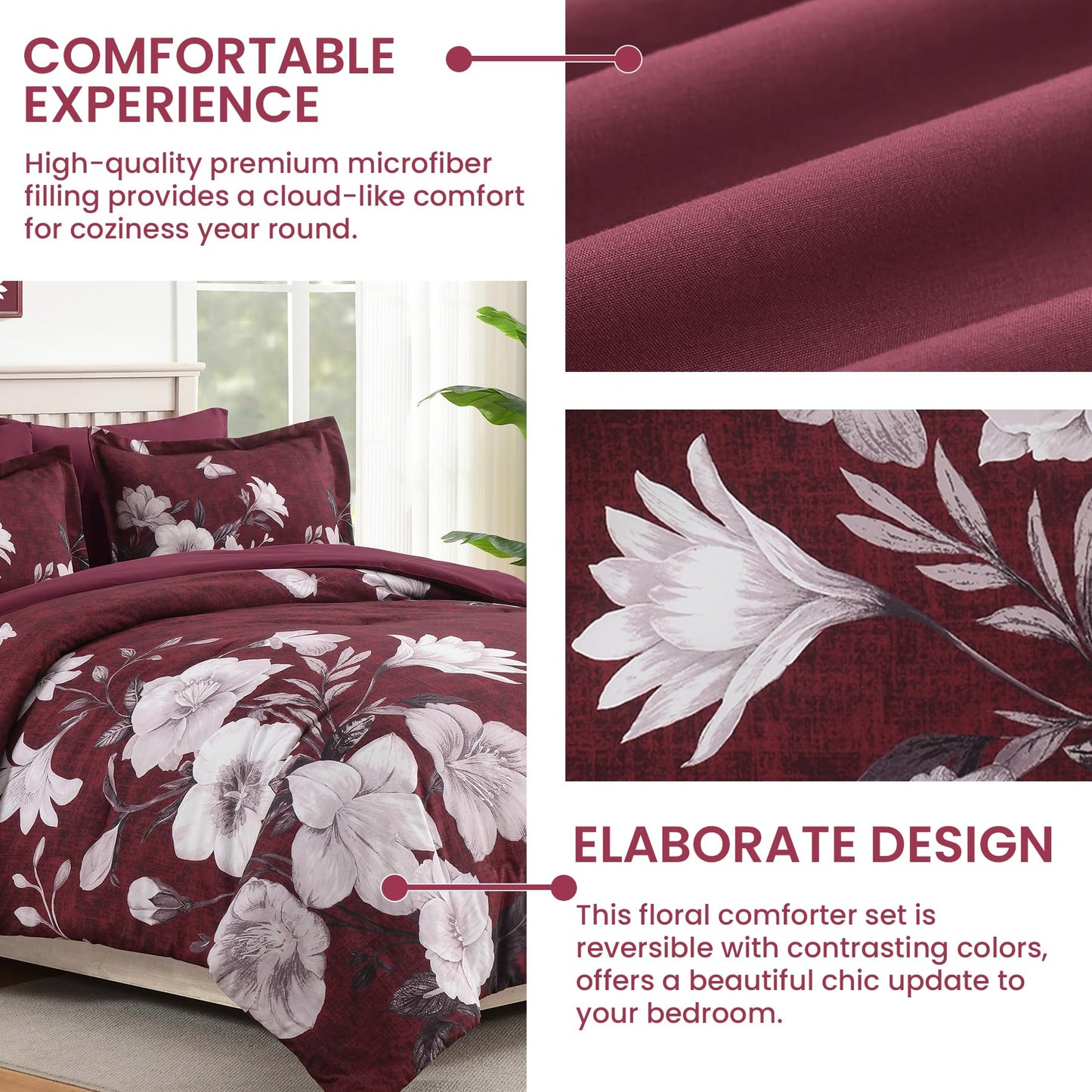 DHSFKBE Floral Comforter Set Queen Size, 7 Pieces Burgundy Bed in a Bag, Elegant Floral Butterfly Comforter and Sheet Set, Soft Microfiber Bedding Set for All Seasons(Burgundy,90"x90")