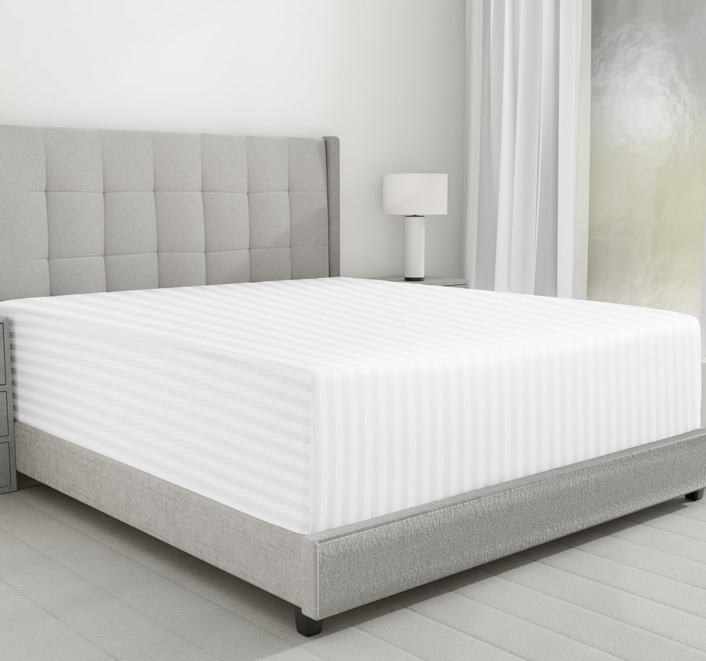 California Design Den Cotton Sateen Damask Stripe Queen Size Fitted Sheet Only - Soft 100% Cotton Sateen, Deep Pocket Bottom Fitted Sheet - White