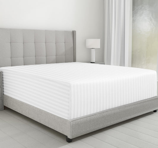California Design Den Cotton Sateen Damask Stripe Queen Size Fitted Sheet Only - Soft 100% Cotton Sateen, Deep Pocket Bottom Fitted Sheet - White