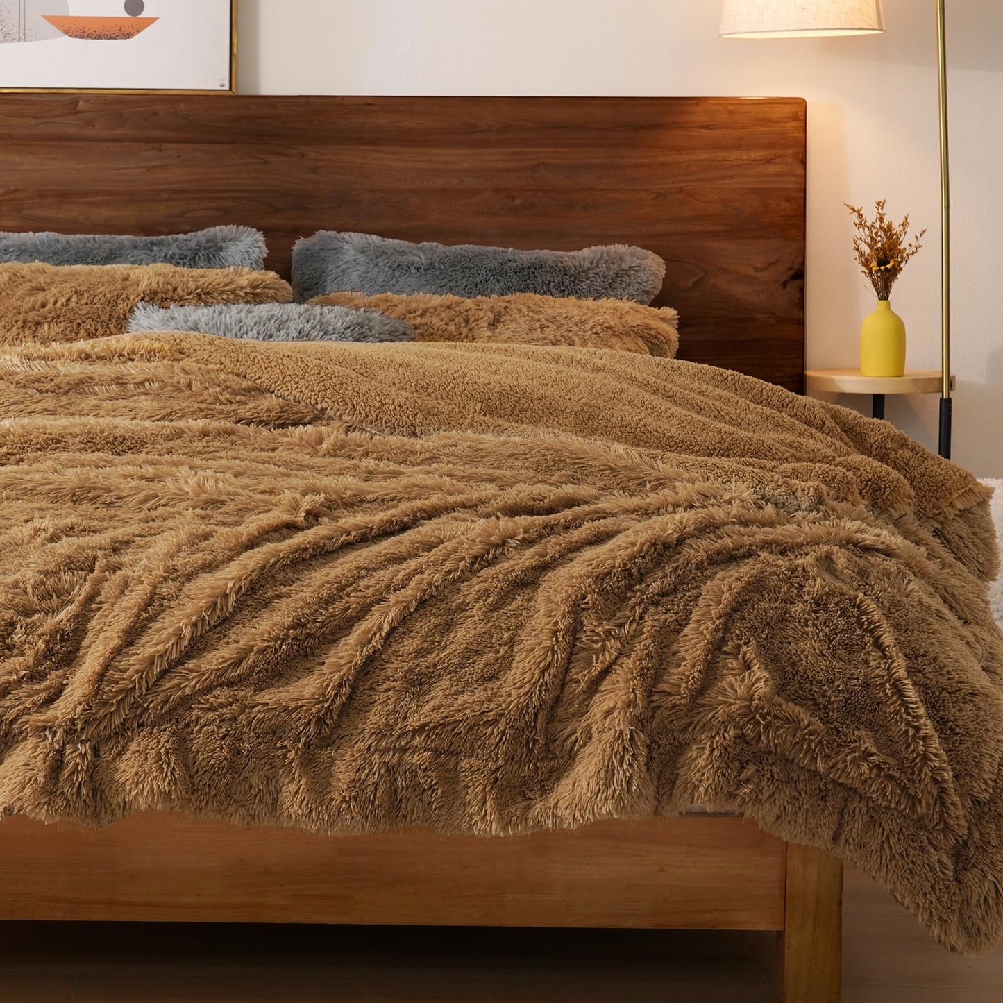 PHF Luxury Fuzzy Faux Fur Twin Blanket, Soft Shaggy Plush Comfy Blanket, Warm Thick Fluffy for Couch, Bed, Chair, Sofa, Furry Elegant Throw for Home Decor, Taupe, 60" x 80"