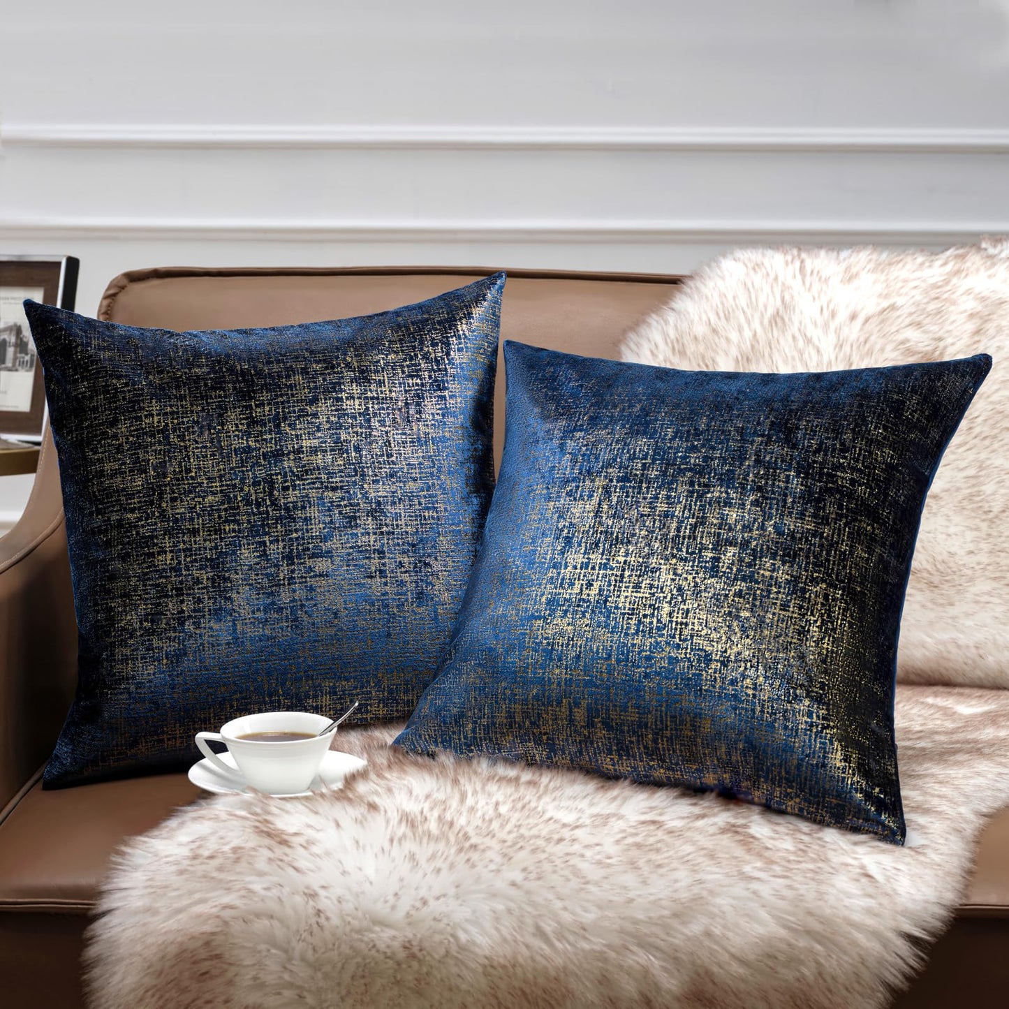 Phantoscope Pack of 2 Sparkling Velvet Geometric-Pattern Throw Decorative Pillow Cover Soft Gold Glitter Square Cushion Cover Pillowcase for Couch Bed and Chair, Navy Blue, 20 x 20 inches, 50 x 50 cm