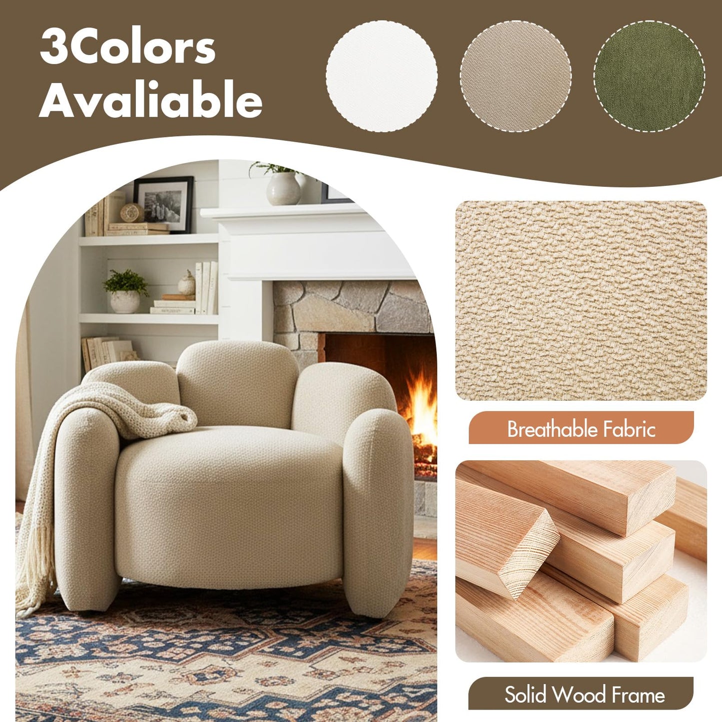 Hyfirm Mid-Century Modern Accent Chairs Set of 2, Upholstered Chenille Barrel Chairs with Solid Wood Base, Comfy Reading Chairs for Living Room, Bedroom, Apartment, Deep Seat Side Chairs, Khaki