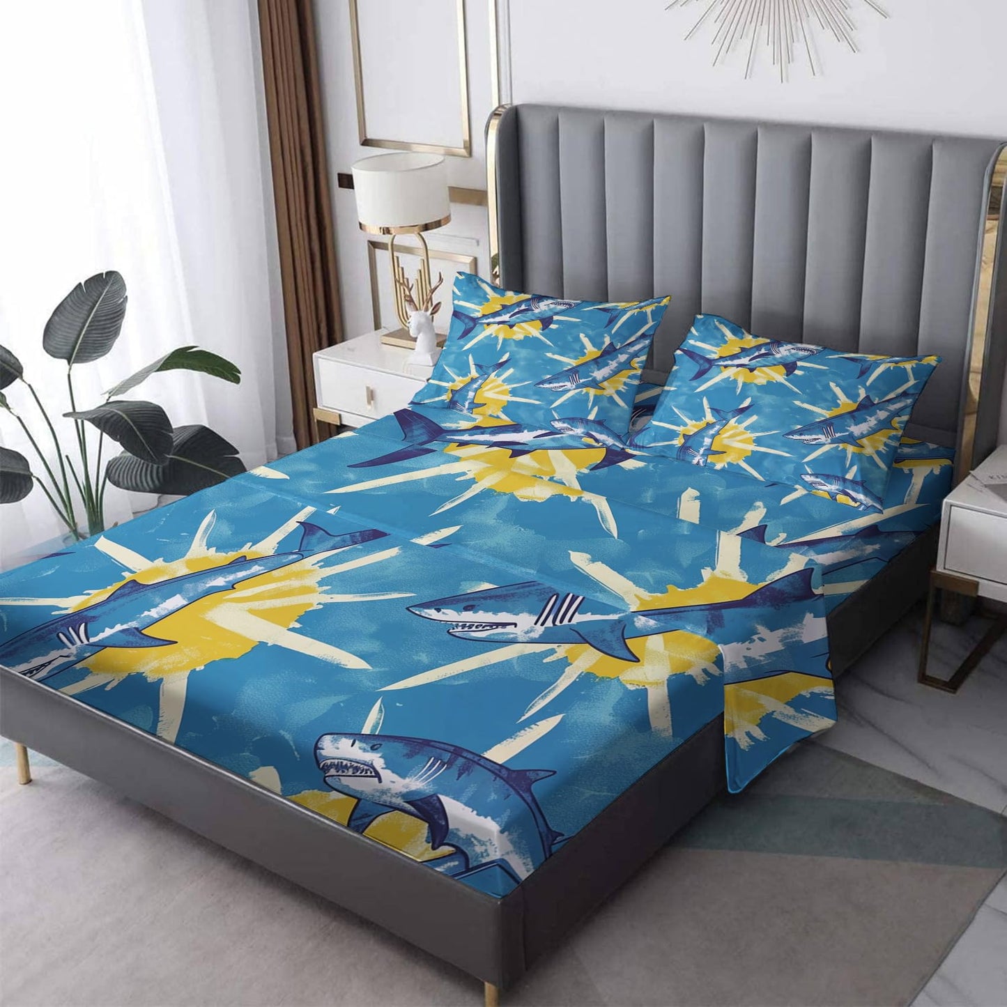 Rejkxyw King Size Sheets Set Blue Shark - Cartoon Sea Life Bed Sheets - Kids Boys Sheet Set - 12 Inch Deep Pocket - Ultra Soft Winkle Free Microfiber Bedding Sheets & Pillowcases 4 Piece