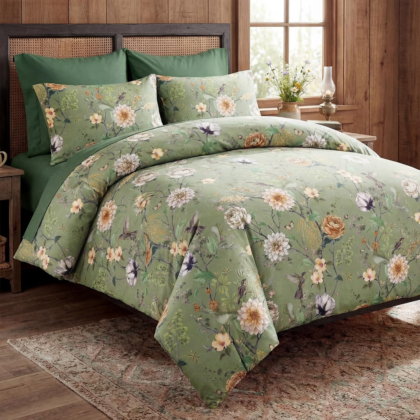 Bedorm 100% Cotton Floral Duvet Cover Queen Size - Green Floral Flower Print 3 Piece Bedding Set with Zipper Closure, Soft and Breathable, Includes 1 Duvet Cover and 2 Pillowcases