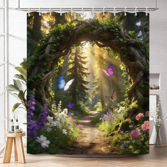 NAEMBCU Enchanted Forest Shower Curtain with Hooks - 72x72 Inch Waterproof Fabric Bathroom Curtain with Butterfly, Wildflower and Woodland Path Design, Nature Scene Bath Curtain Decor