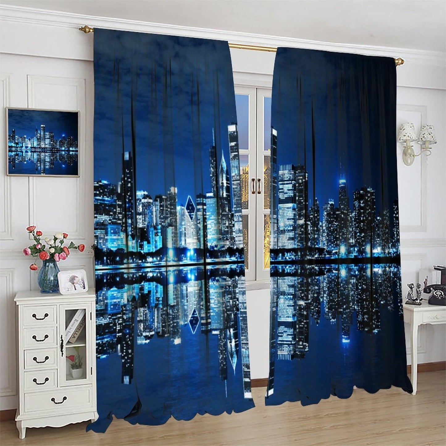 AAVEUP New York Night Curtains, 3D Ocean Manhattan City Architecture Neon Light Scenery Decor Window Treatments, Thermally Insulated Rod Pocket Drapes for Boys Girls Bedroom Living Room 42x45in