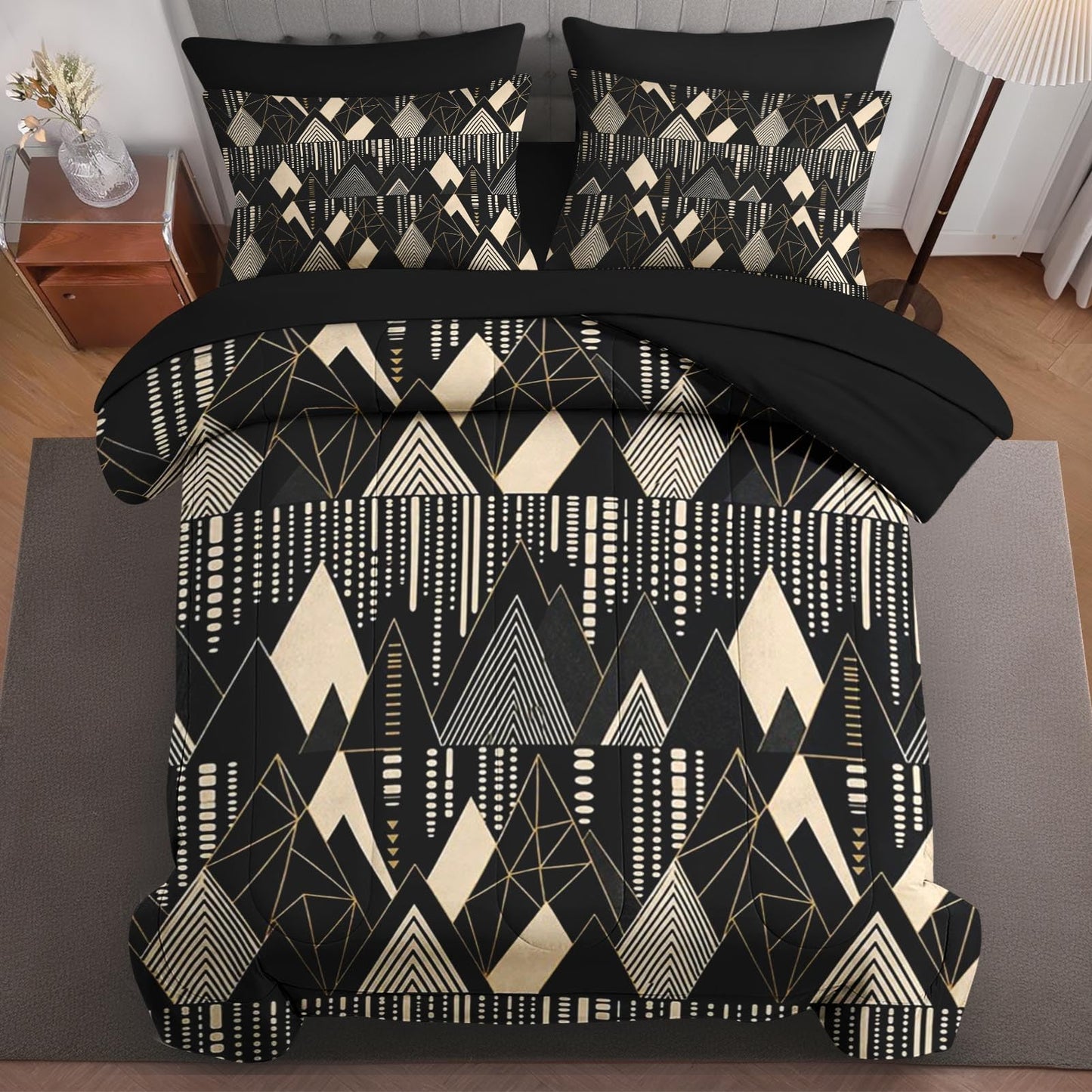 Boewywh Comforter Set Twin Size Mountain Geometric Gold 7 Pcs, Bedding for Kids and Adults, Modern Abstract Bed Sheet Sets with Fitted Sheet 2 Pillowcases & 2 Shams for Bedroom Bed Decor