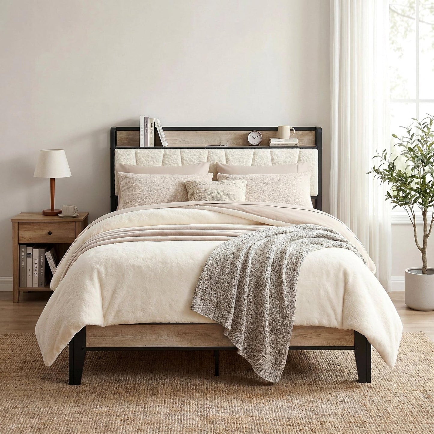 LIKIMIO Full Bed Frames, Bouclé Storage Headboard with Charging Station, Solid and Stable, Noise Free, No Box Spring Needed, Easy Assembly